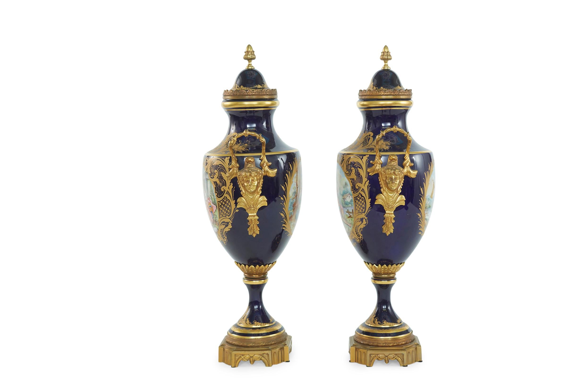 French 19th Century Bronze Mounted / Sevres Pair Urns