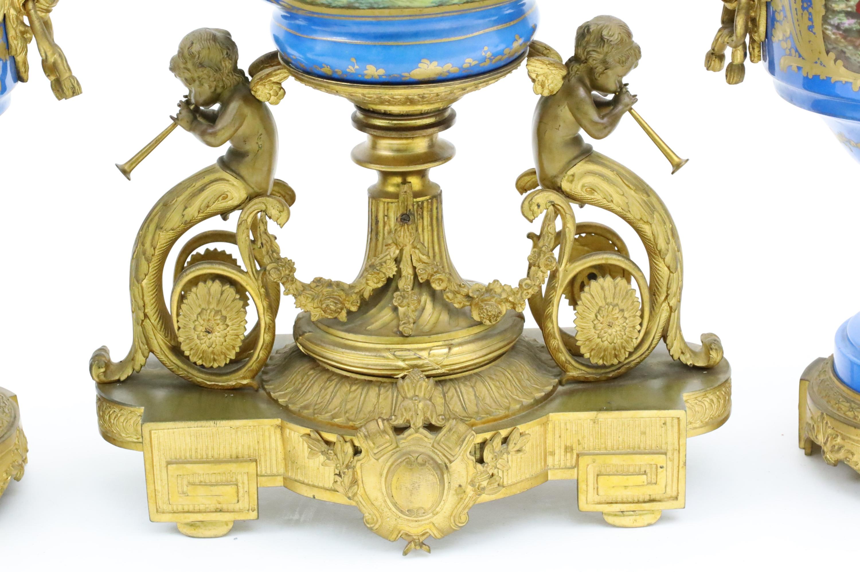 French 19th Century Bronze Mounted Sevres Three Piece Clock Garniture For Sale