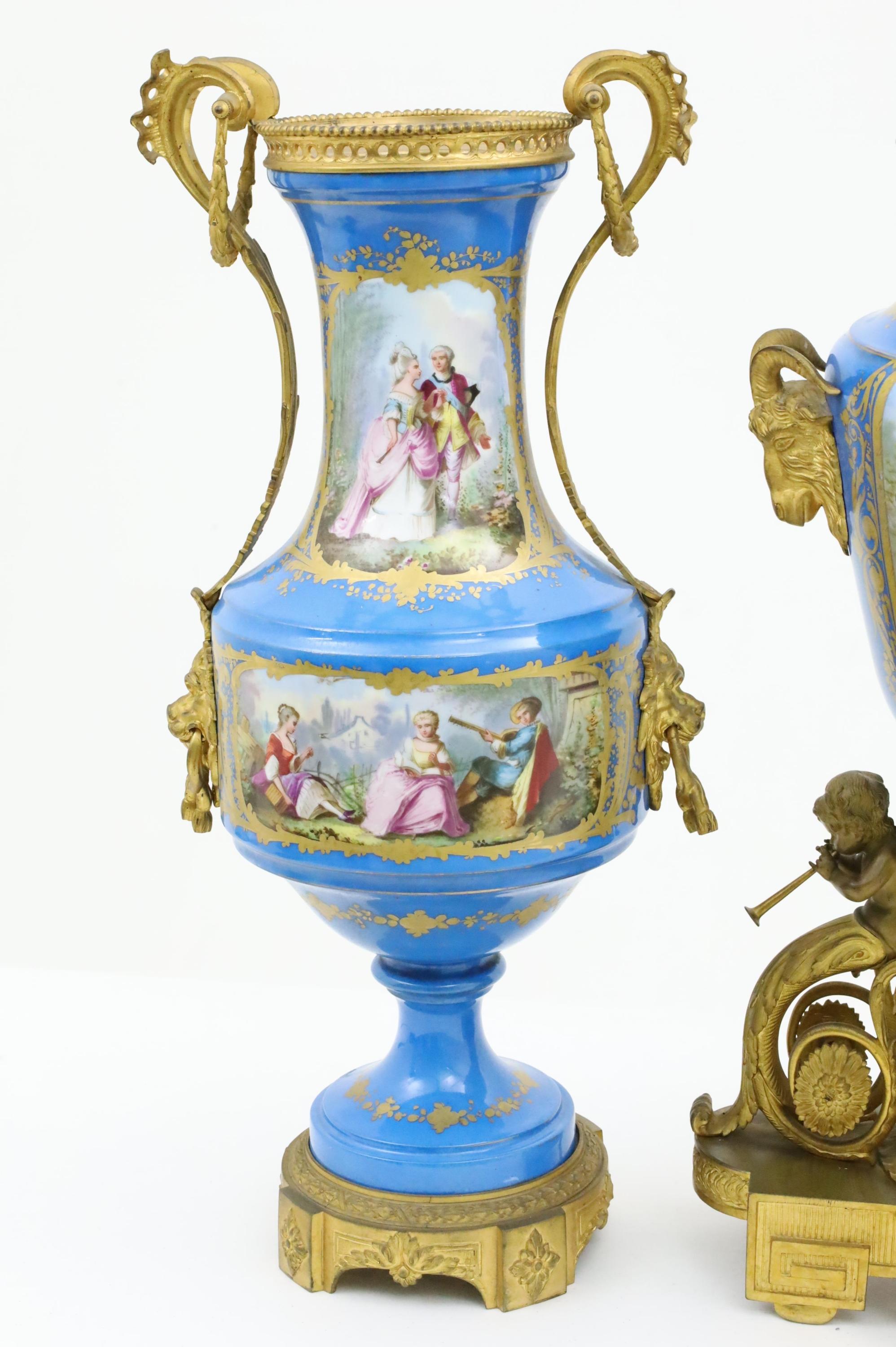 19th Century Bronze Mounted Sevres Three Piece Clock Garniture In Good Condition For Sale In Dallas, TX