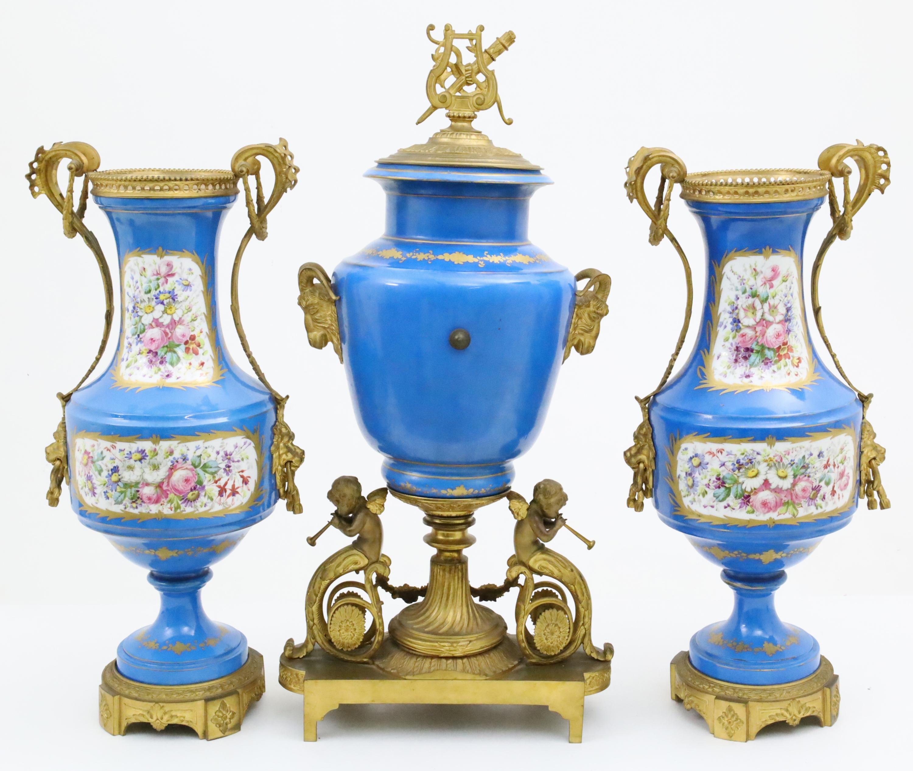 19th Century Bronze Mounted Sevres Three Piece Clock Garniture For Sale 1