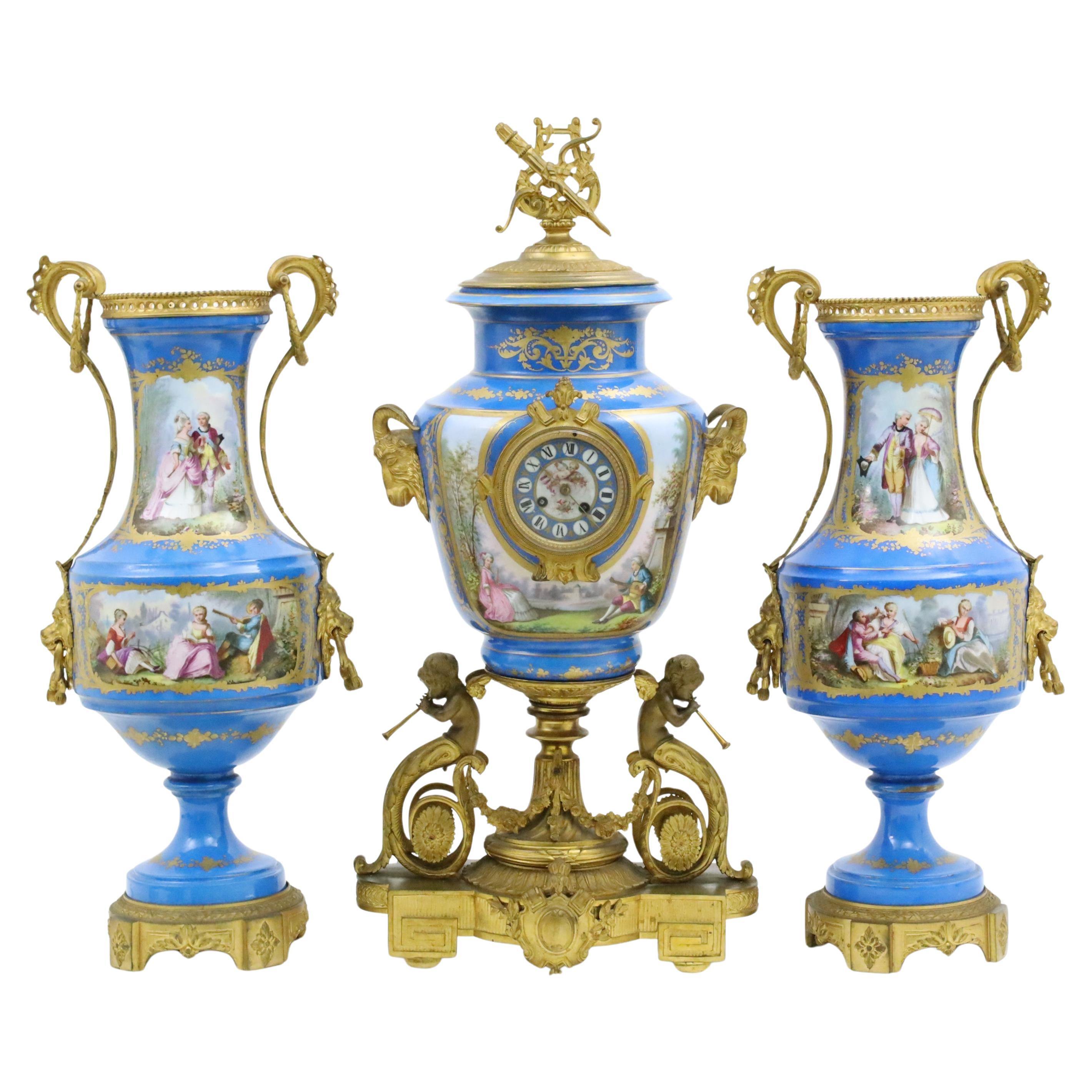 19th Century Bronze Mounted Sevres Three Piece Clock Garniture