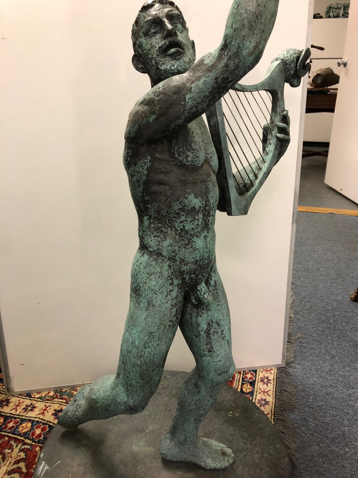 19th Century Bronze Nude Male Holding a Harp on a Bronze Base For Sale 1