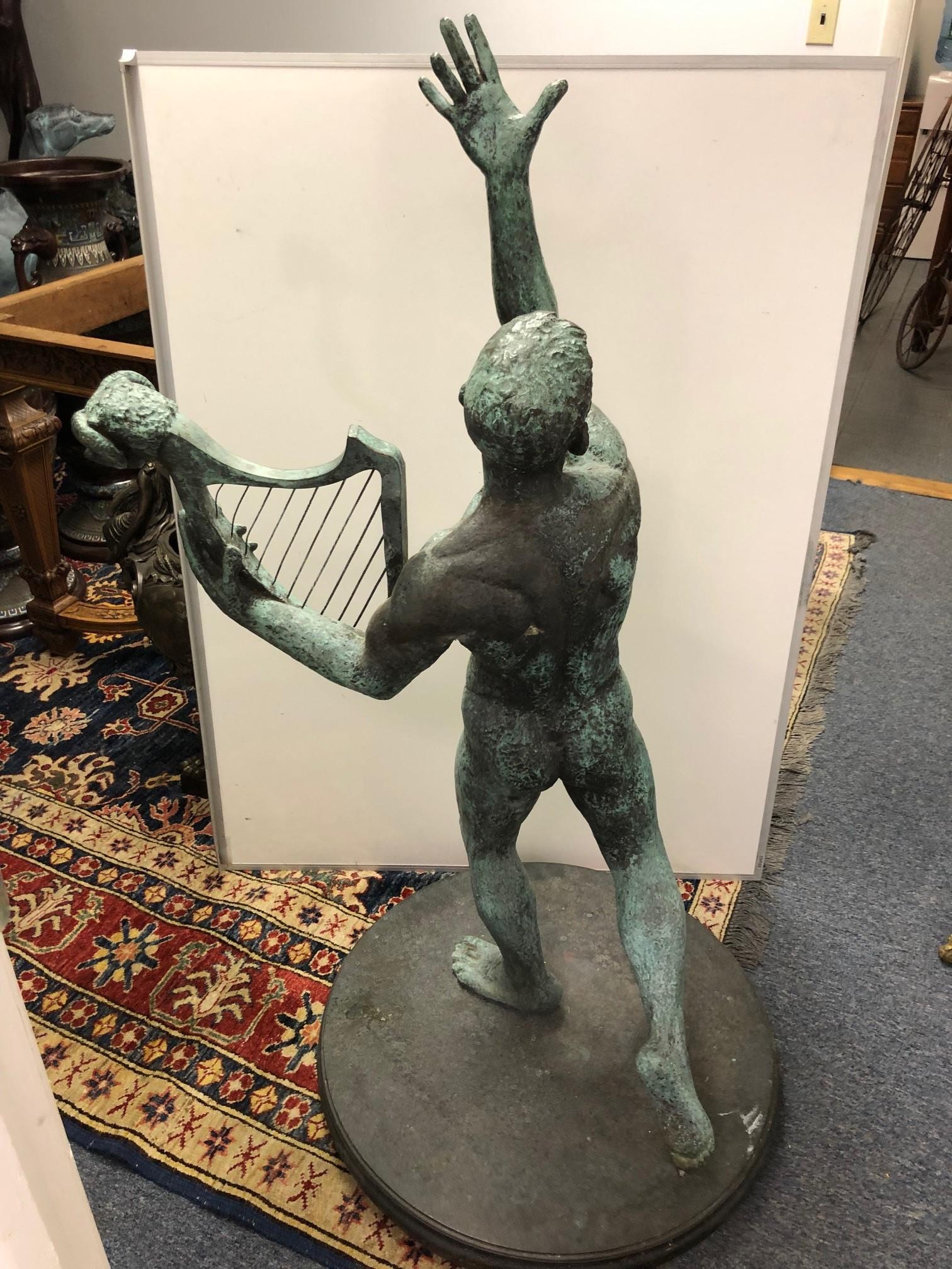 19th Century Bronze Nude Male Holding a Harp on a Bronze Base For Sale 3