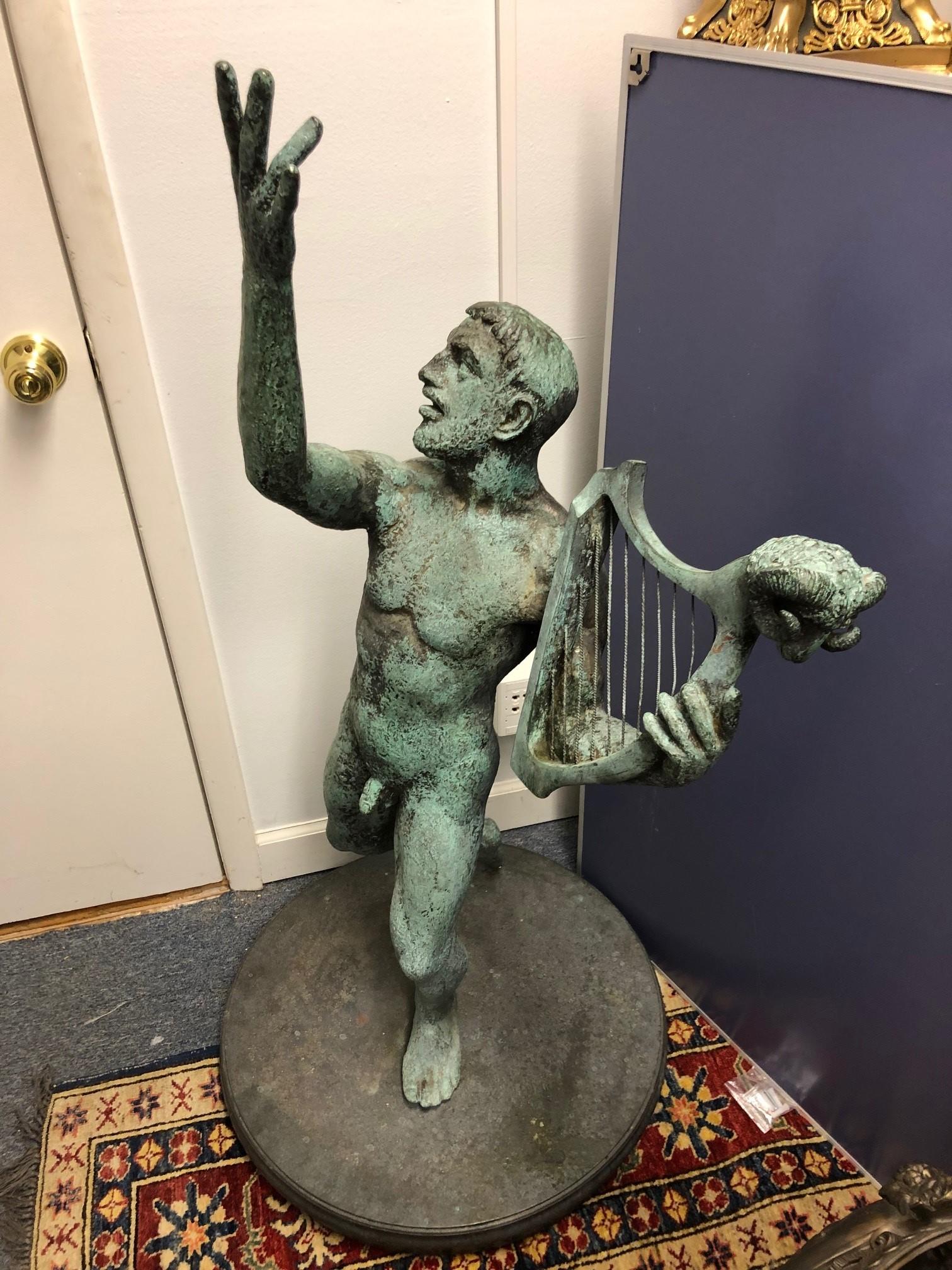 19th Century Bronze Nude Male Holding a Harp on a Bronze Base For Sale 5