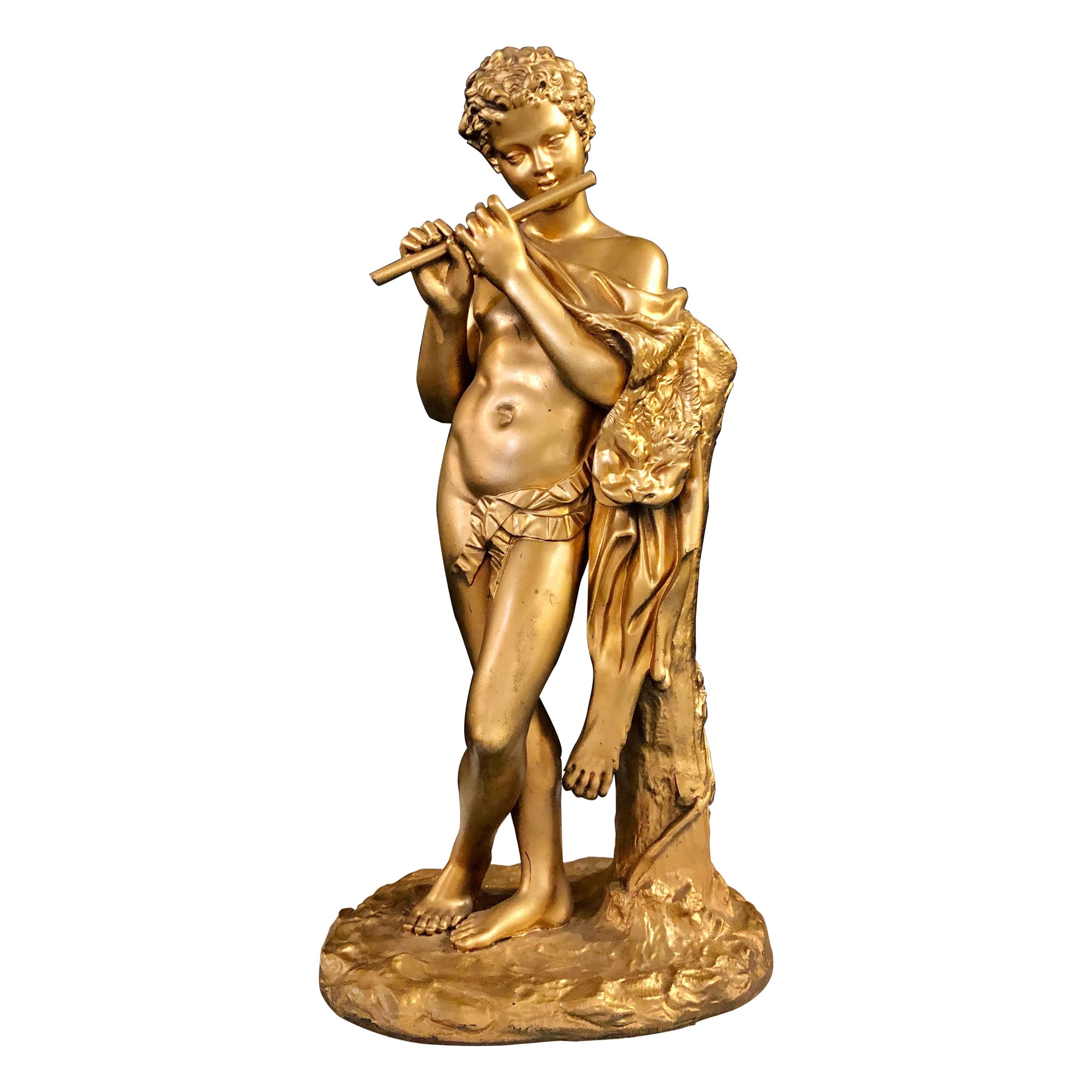 Bronze Akt-Pan-Satyr aus dem 19. Jahrhundert mit einer flötistischen Figur