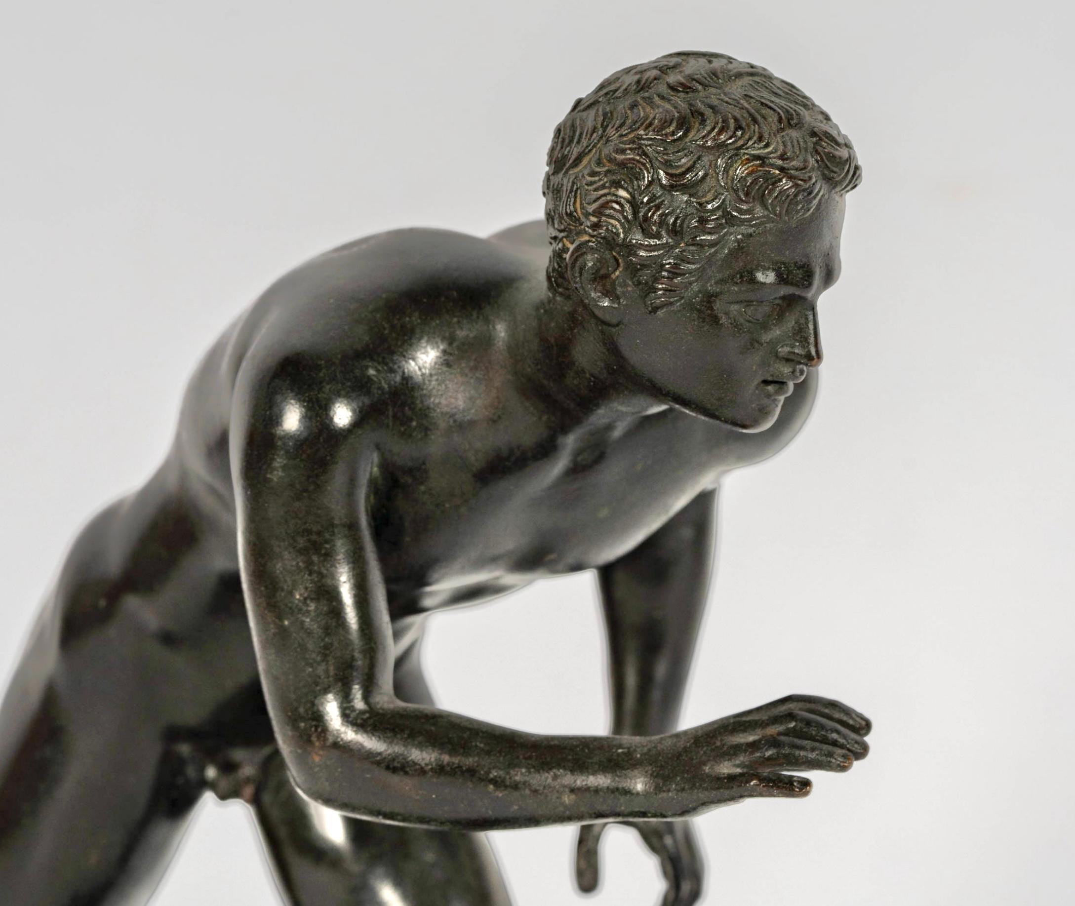 A nicely cast bronze Neoclassical Grand Tour souvenir of the Herculaneum Athlete or Runner. It’s nicely done with fine detail and has a Panama Pacific Exposition label on the base, which dates it to at least 1915, when the expo  took place. I