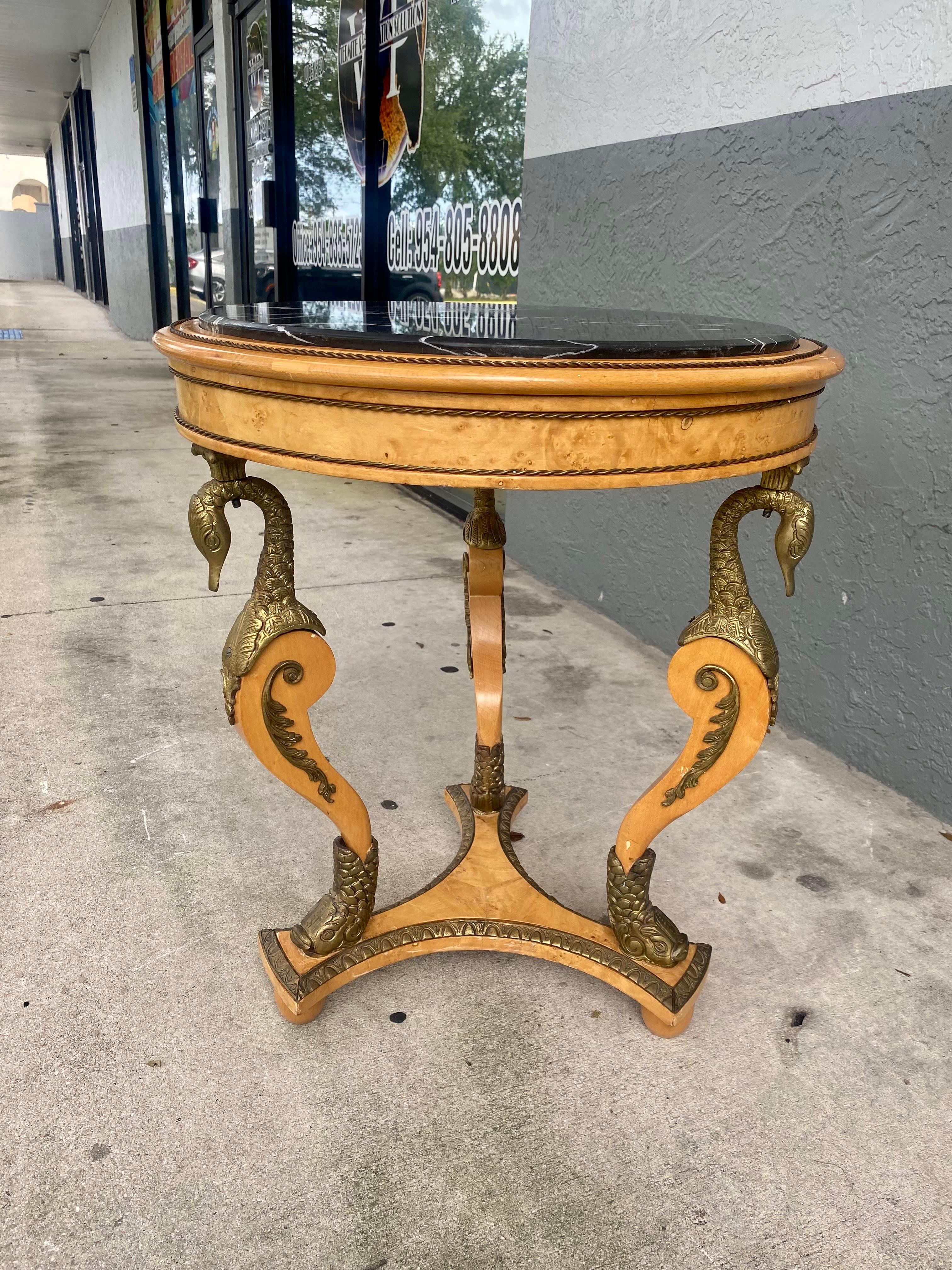 19th Century Bronze Ormolu Swan Koi Fish Empire Wood Marble Round Table For Sale 3