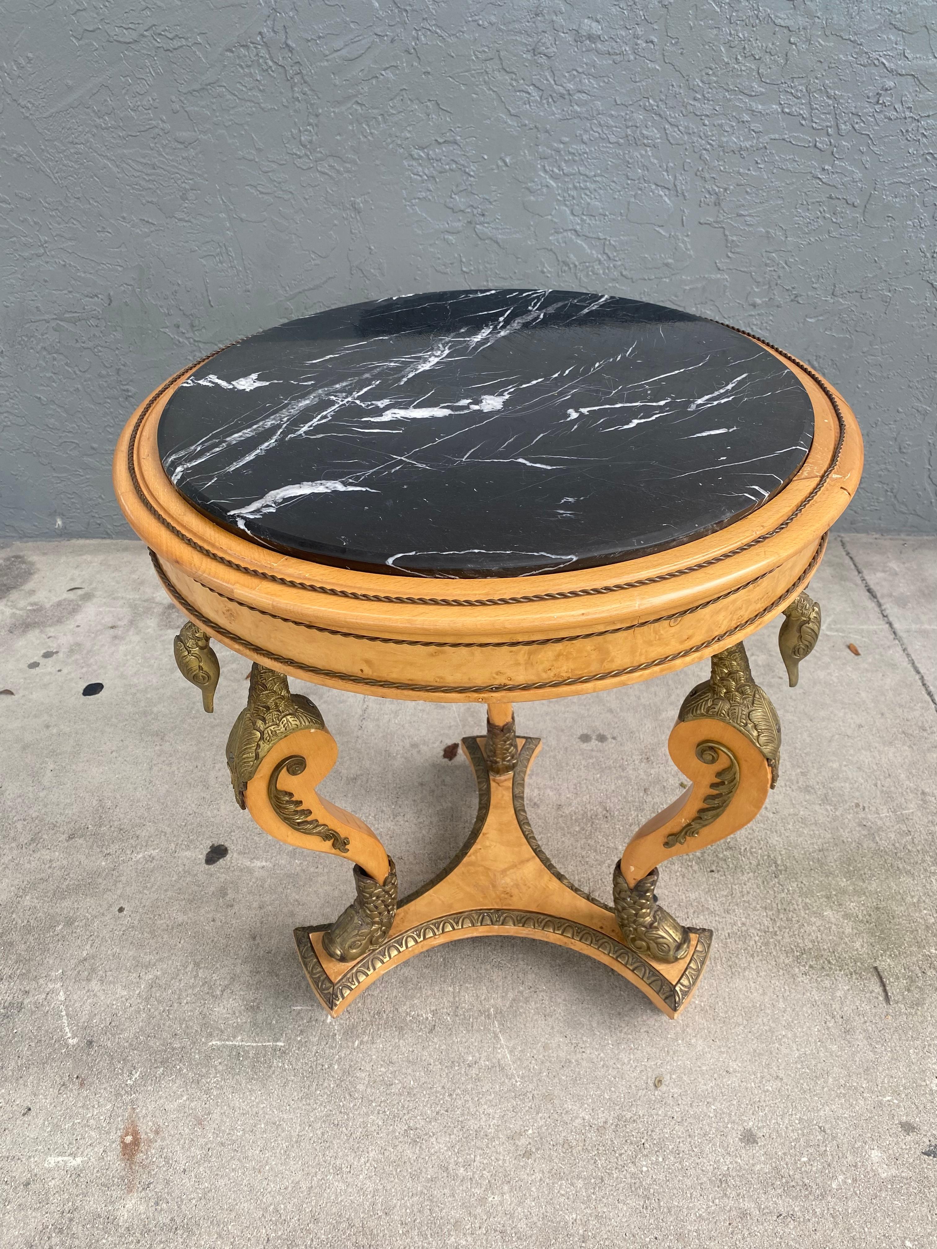 19th Century Bronze Ormolu Swan Koi Fish Empire Wood Marble Round Table For Sale 5