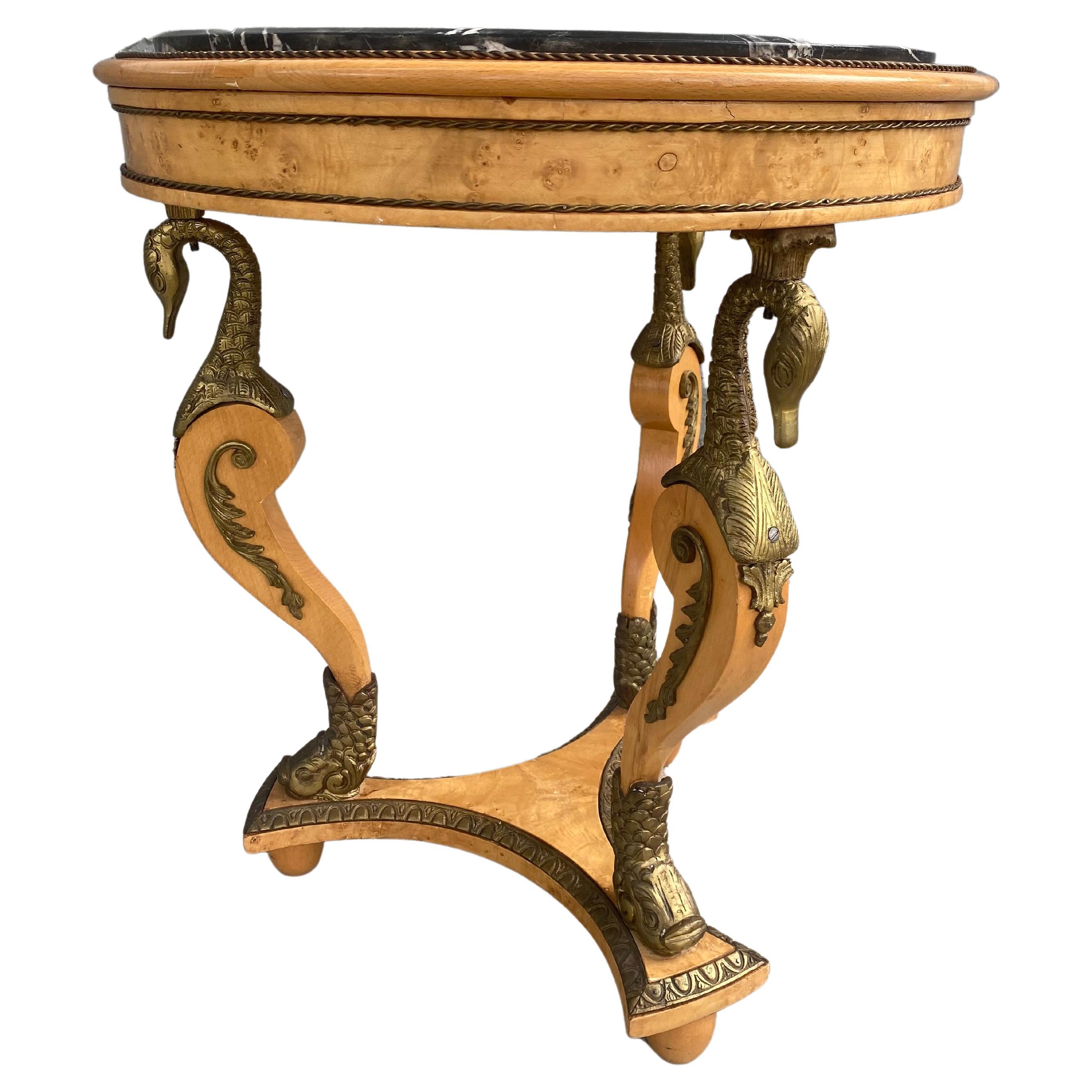 19. Jahrhundert Bronze Ormolu Swan Koi Fisch Reich Holz Marmor runden Tisch im Angebot
