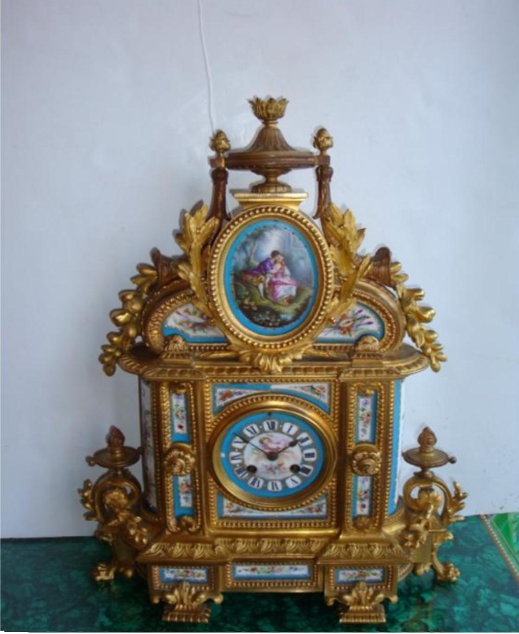 The Following Item we are offering is A Rare Ormolu-Mounted Sevres Turquoise Ground Mantel Clock, Late 19th Century, Iron-Red 1245 to the Plaques, the movement stamped JAPY FRERES & CO. , MED. (AILLE) D'HONN (EUR), MF & F, 2371 AND 15...3, the