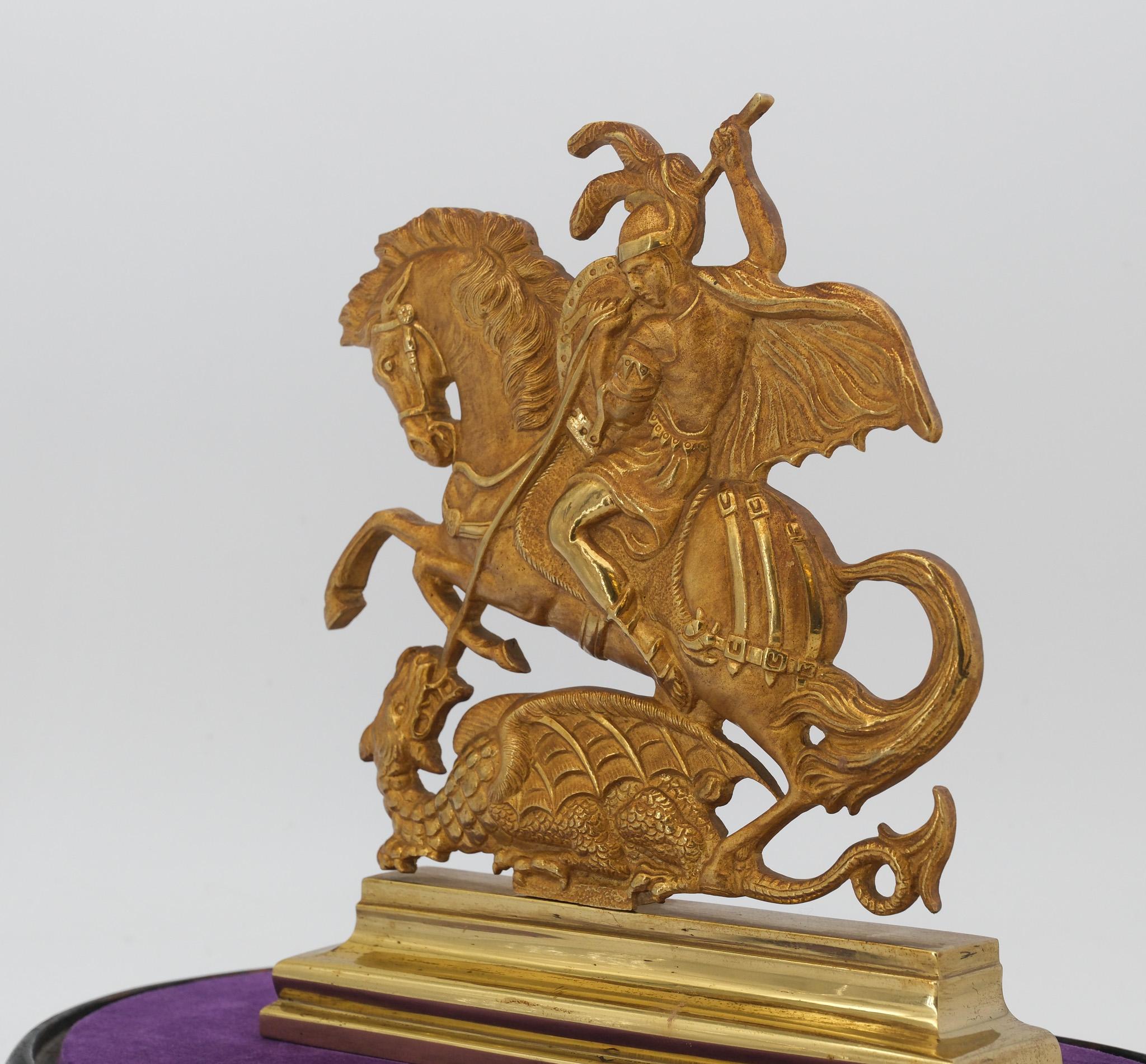 19th Century Bronze & Ormolu Saint George & The Dragon In Domed Glass Cloche For Sale 1
