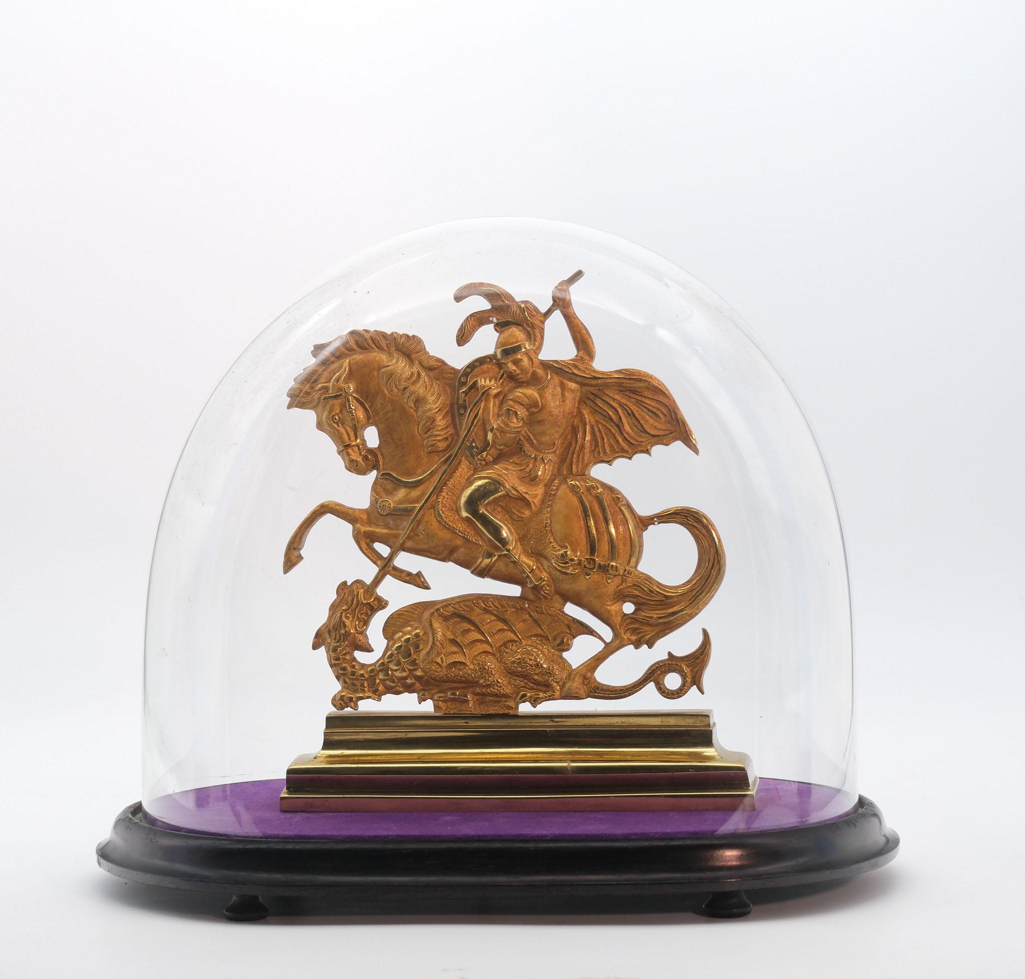 19th Century Bronze & Ormolu Saint George & The Dragon In Domed Glass Cloche For Sale 2