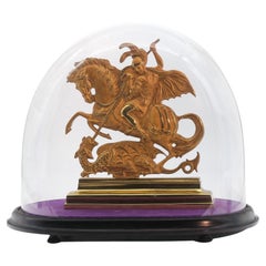 Antique 19th Century Bronze & Ormolu Saint George & The Dragon In Domed Glass Cloche