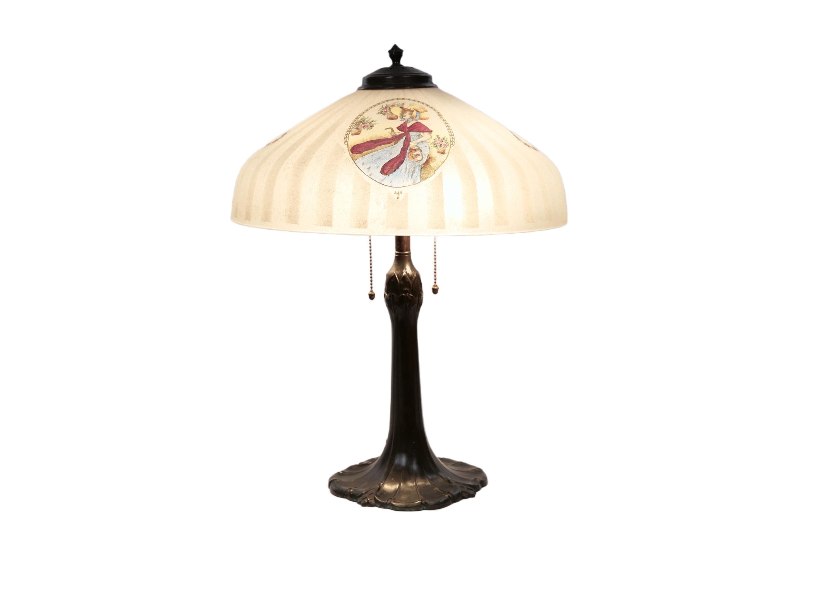 19th Century Bronze / Painted Glass Shade Table Lamp For Sale 12