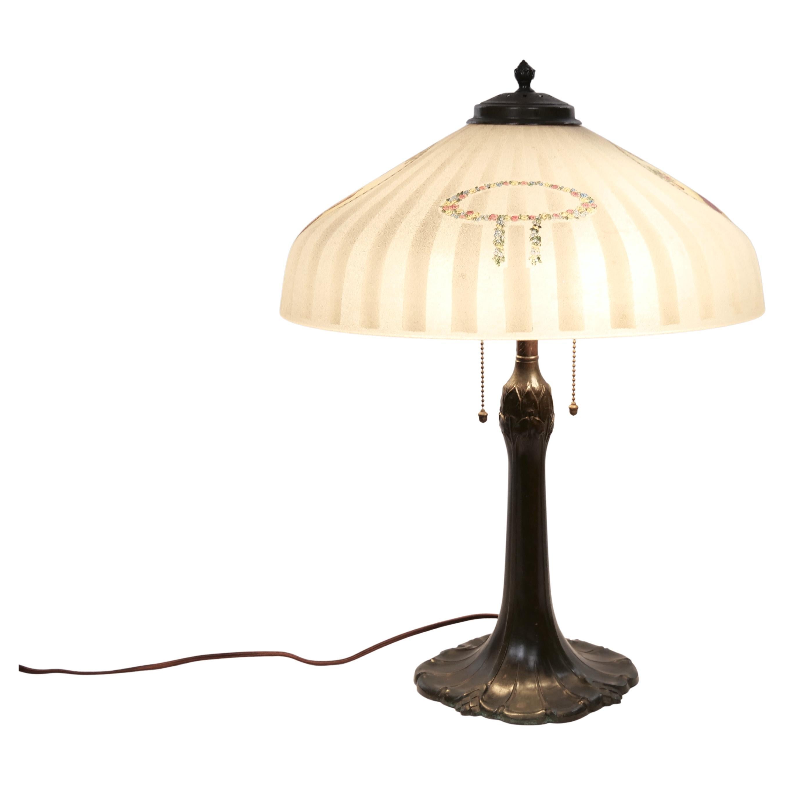Late 19th century bronze base /reverse hand painted frosted glass shade table lamp. The lamp is in good working condition. Minor wear appropriate with age / use. It measures 21 inches high.
 