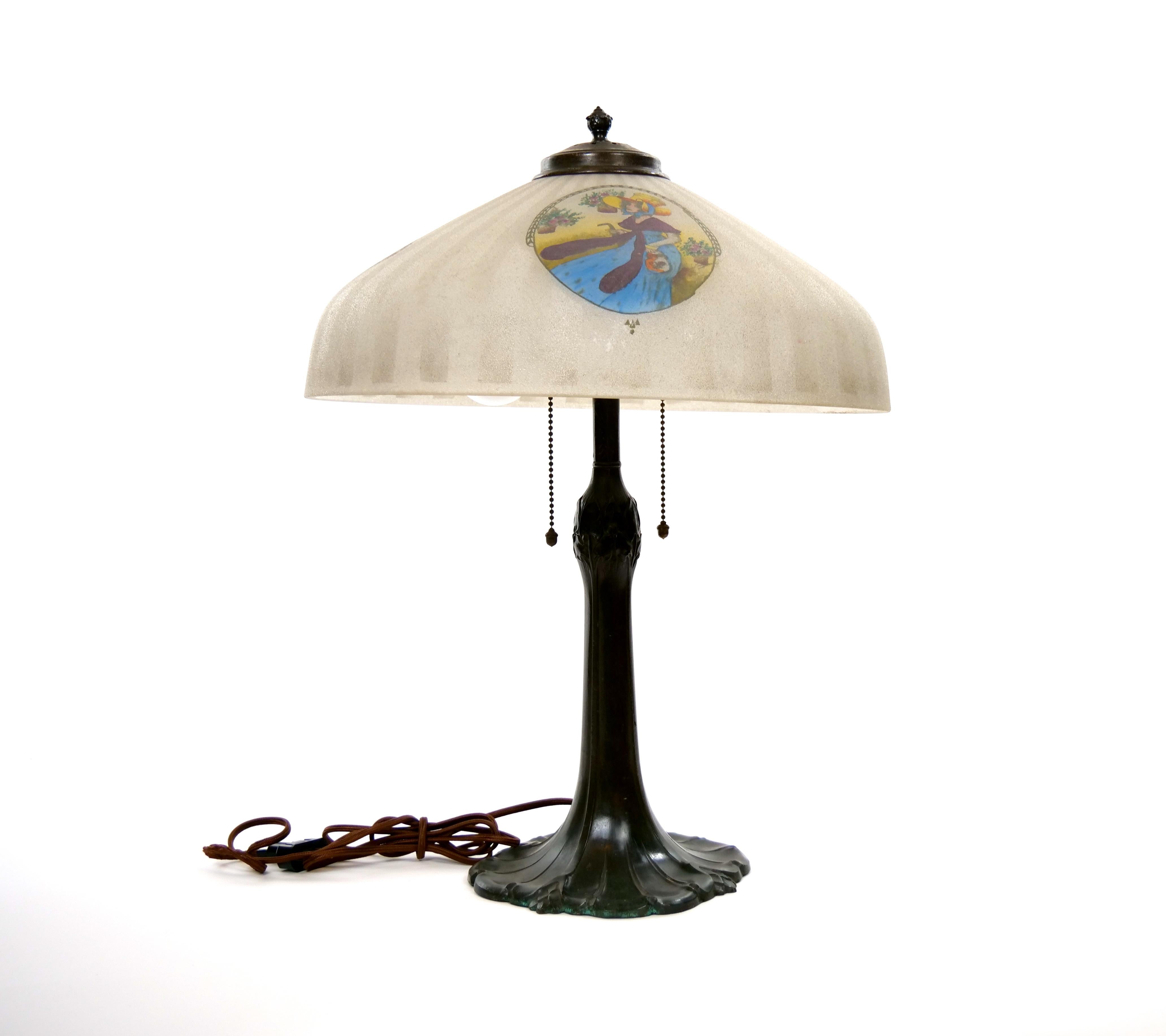 19th Century Bronze / Painted Glass Shade Table Lamp In Good Condition For Sale In Tarry Town, NY