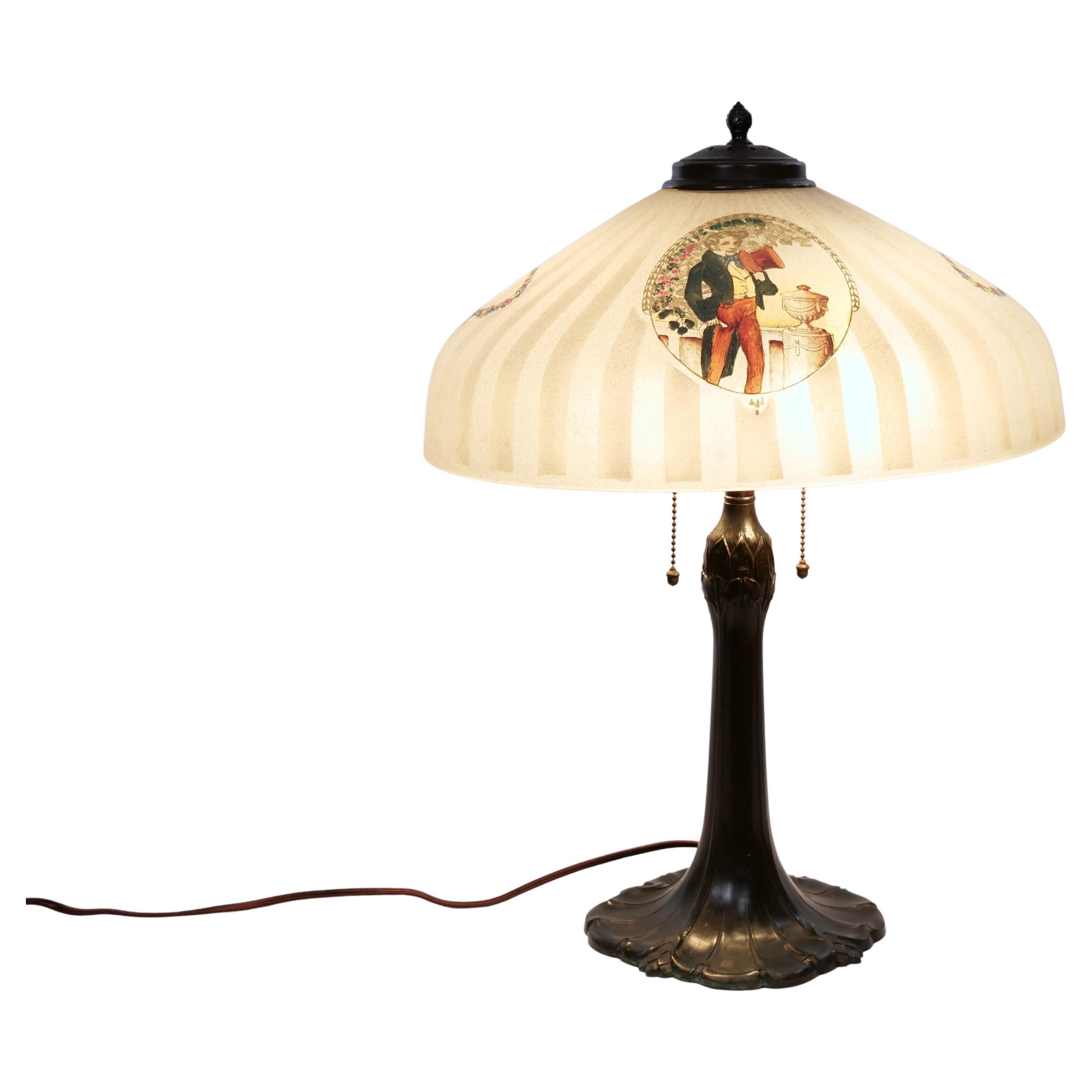 Art Glass 19th Century Bronze / Painted Glass Shade Table Lamp For Sale