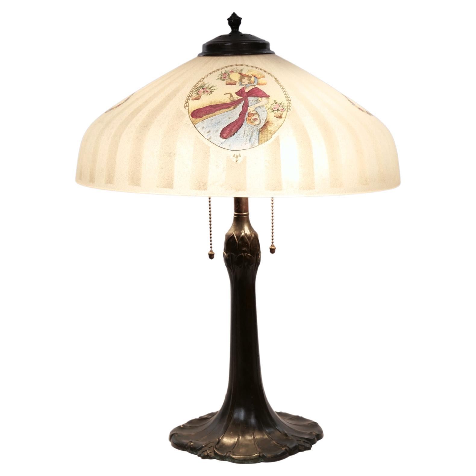 Bronze-/bemalte Glas-Tischlampe mit Schirm aus dem 19. Jahrhundert