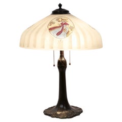 19th Century Bronze / Painted Glass Shade Table Lamp