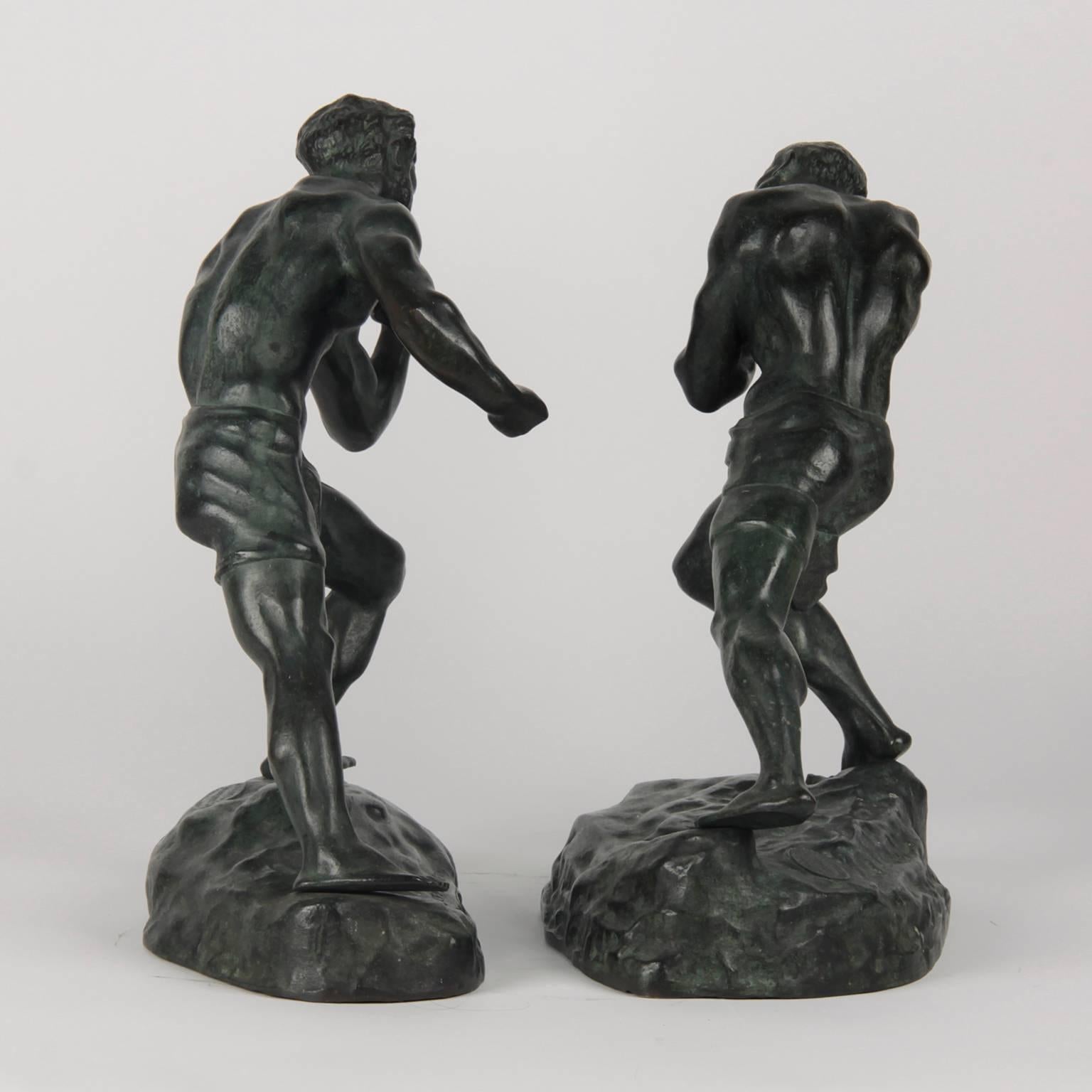 Belgian 19th Century Bronze Pair of Two Boxing Figures, Signed by Jef Lambeaux