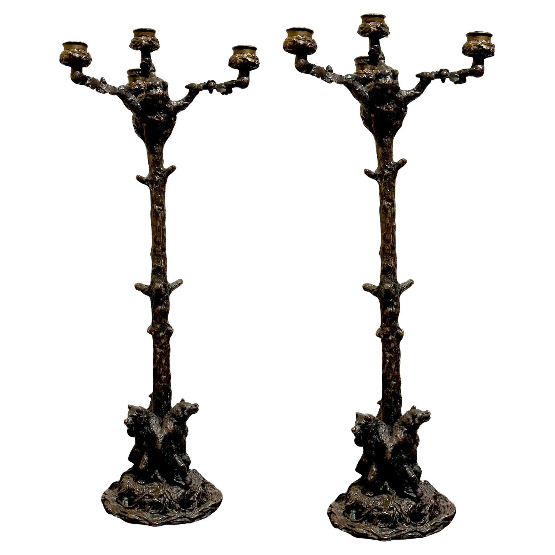 19th Century Bronze pair of candlesticks with bears, style of Christophe Fratin