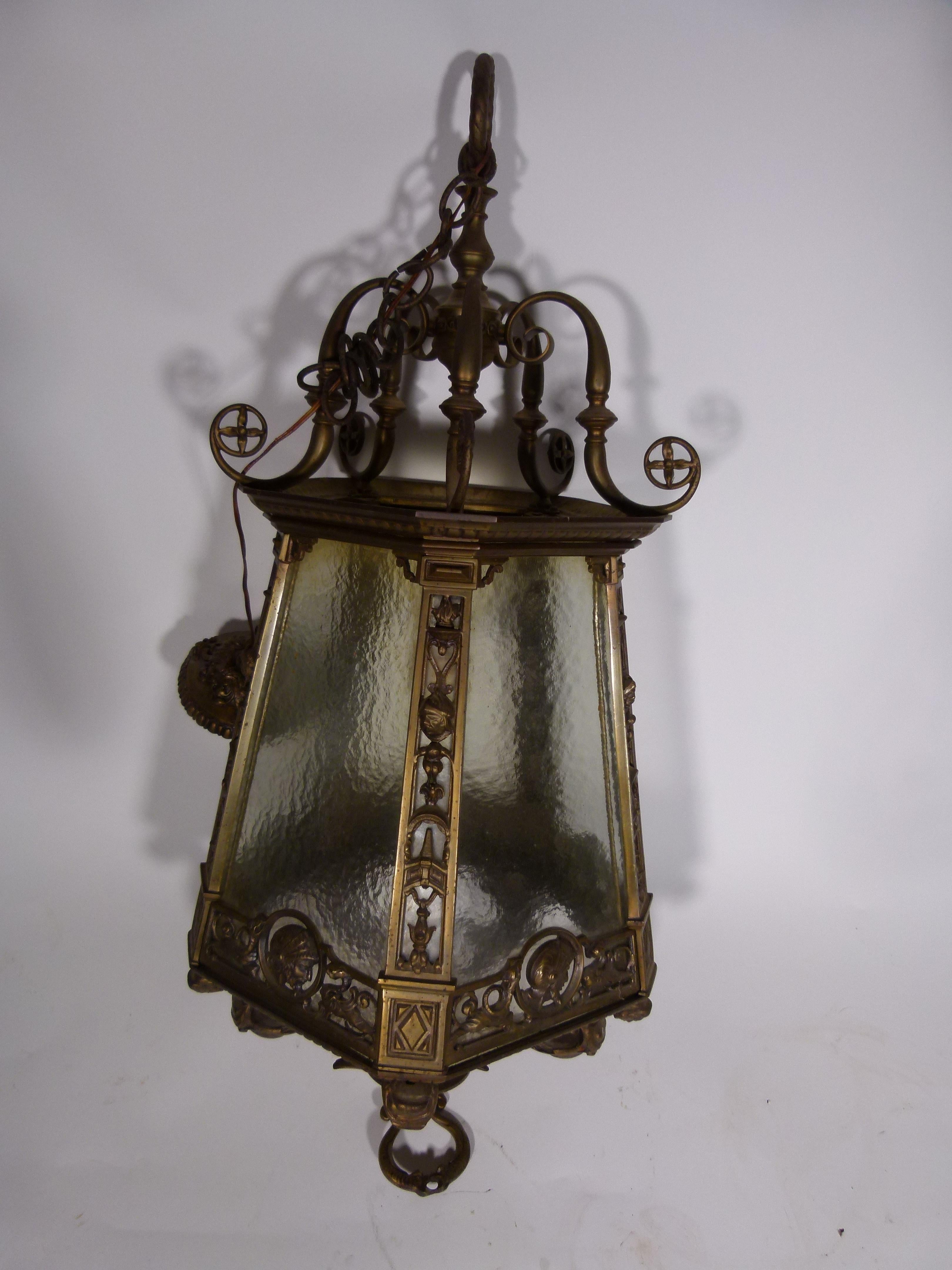 19th century bronze and etched glass pendant lamp from Spain.