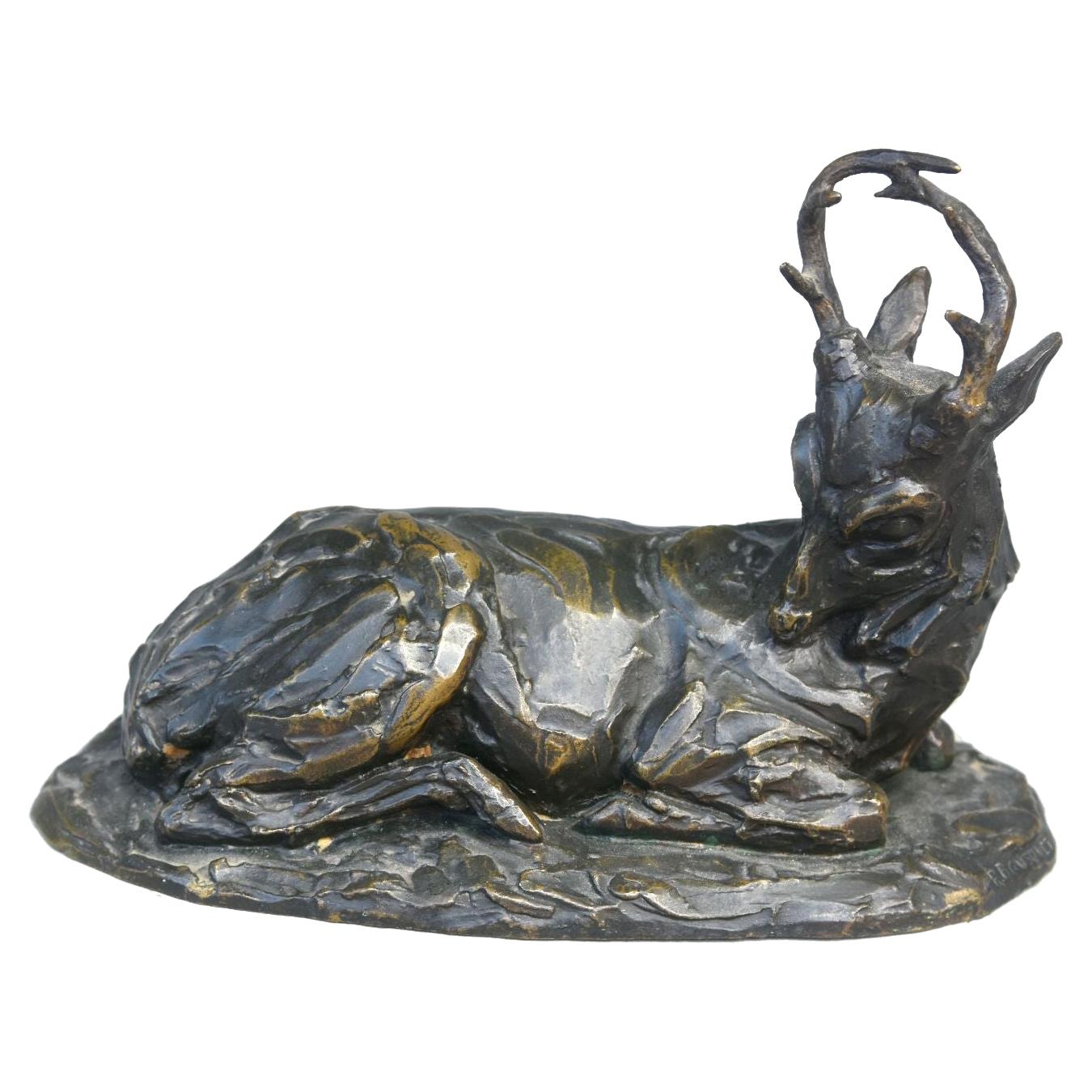 19th Century Bronze Resting Deer with Medal Patina by Robert Bousquet