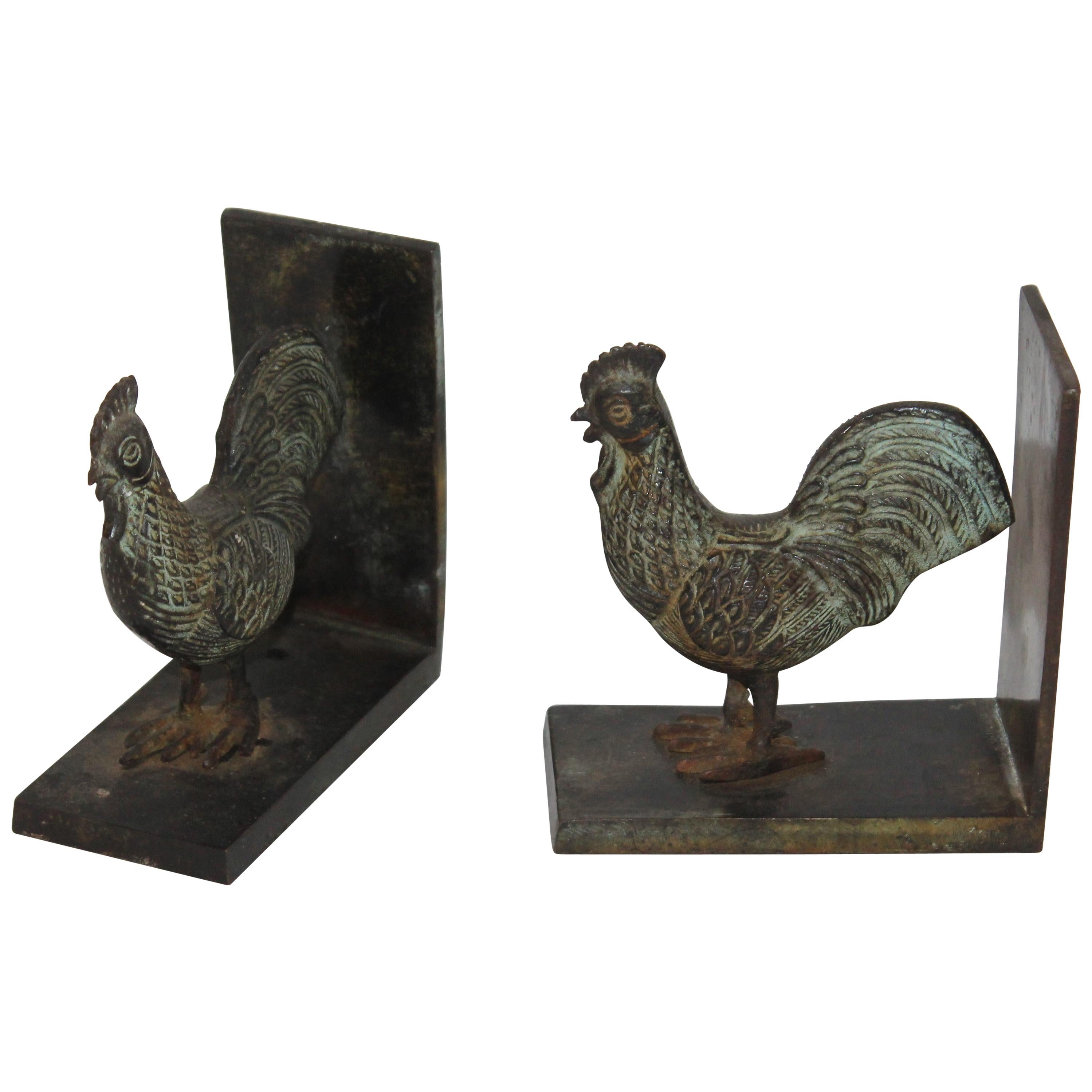 19th Century Bronze Rooster Bookends, Pair