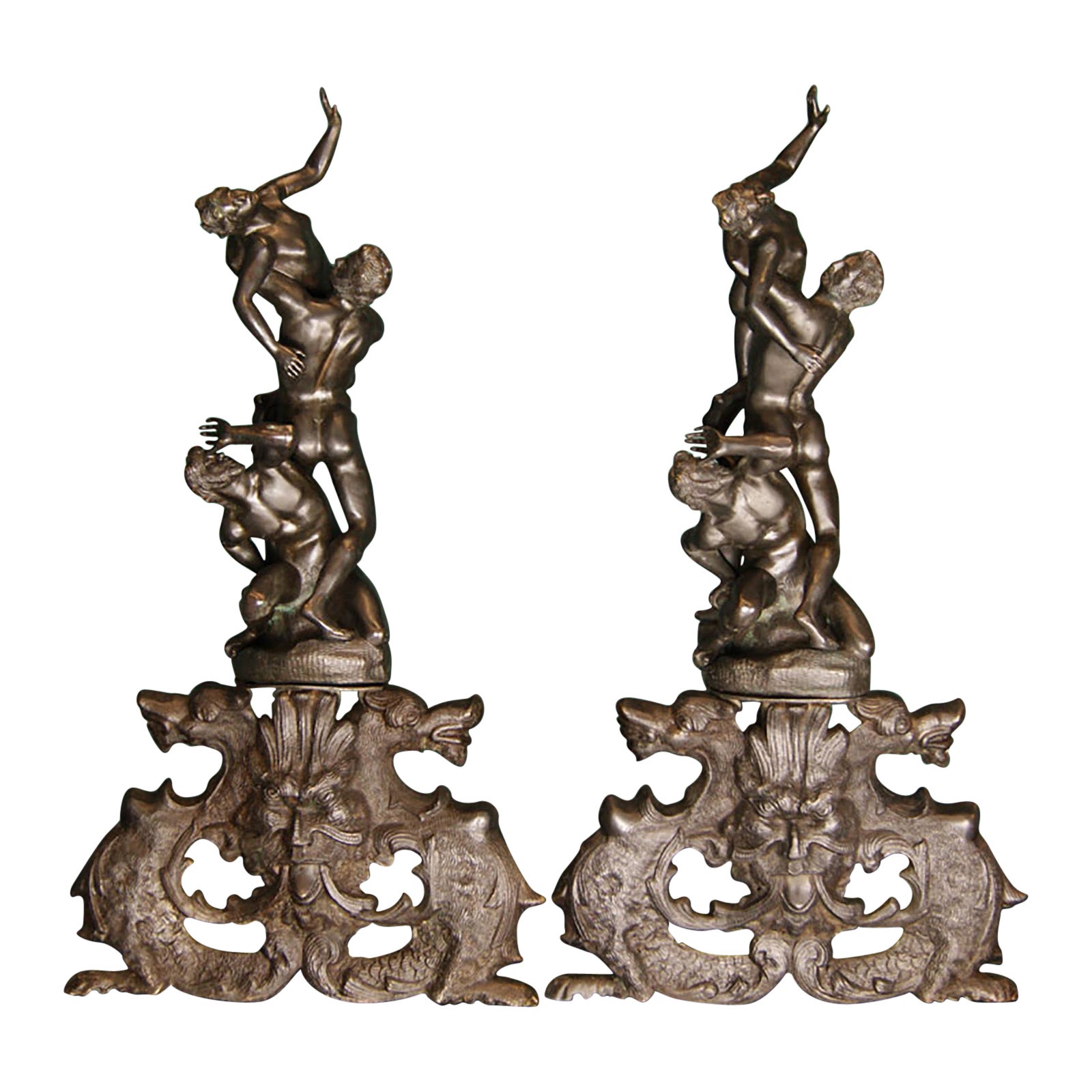 Androni scultorei per caminetto in bronzo del XIX secolo, in stile rinascimentale