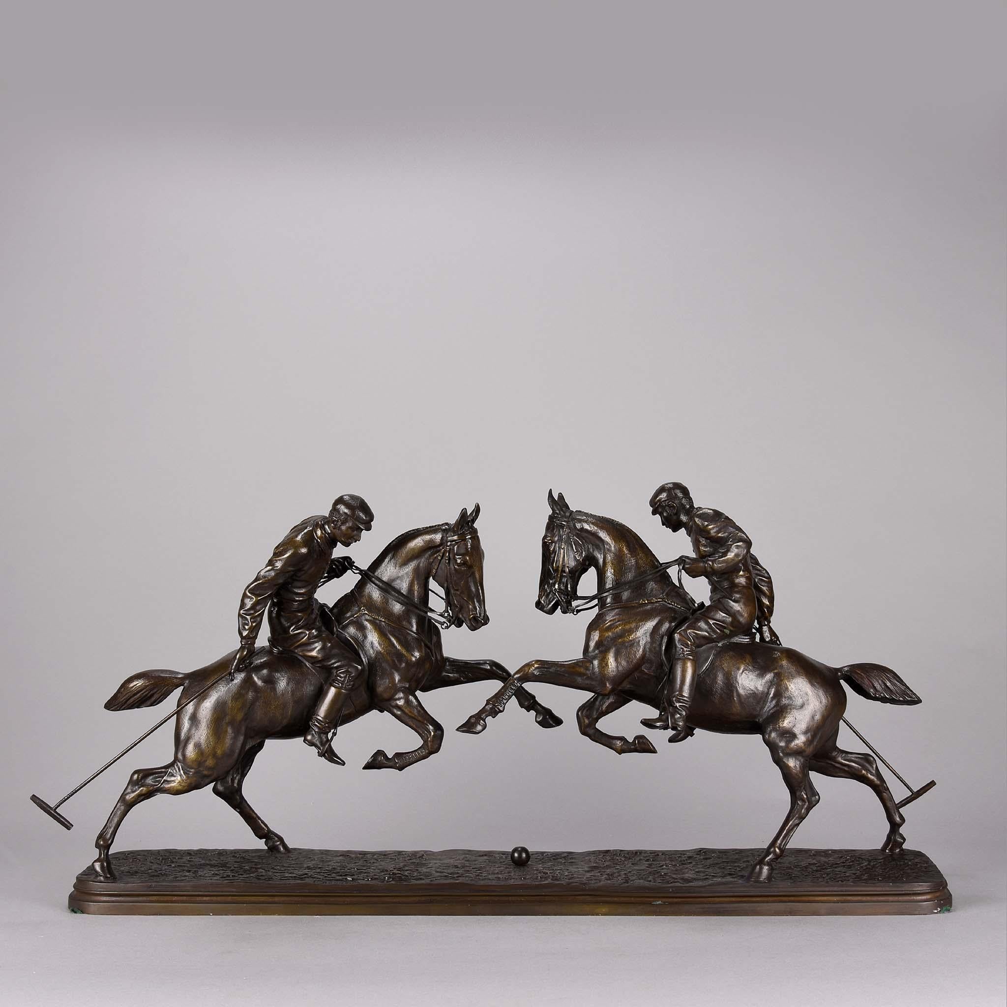 A fabulous late 19th Century animalier bronze group of two opposing polo players on their eager ponies going for the ball with excellent hand chased surface detail and good colour, raised on a stepped naturalistic base and signed I