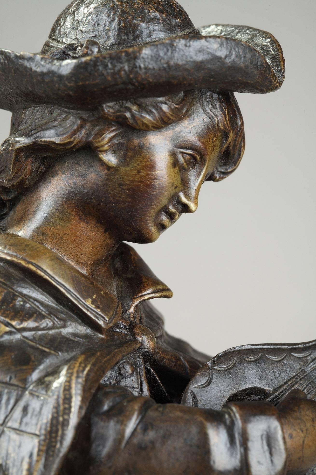Patinated 19th Century Bronze Sculpture Mandolin Player