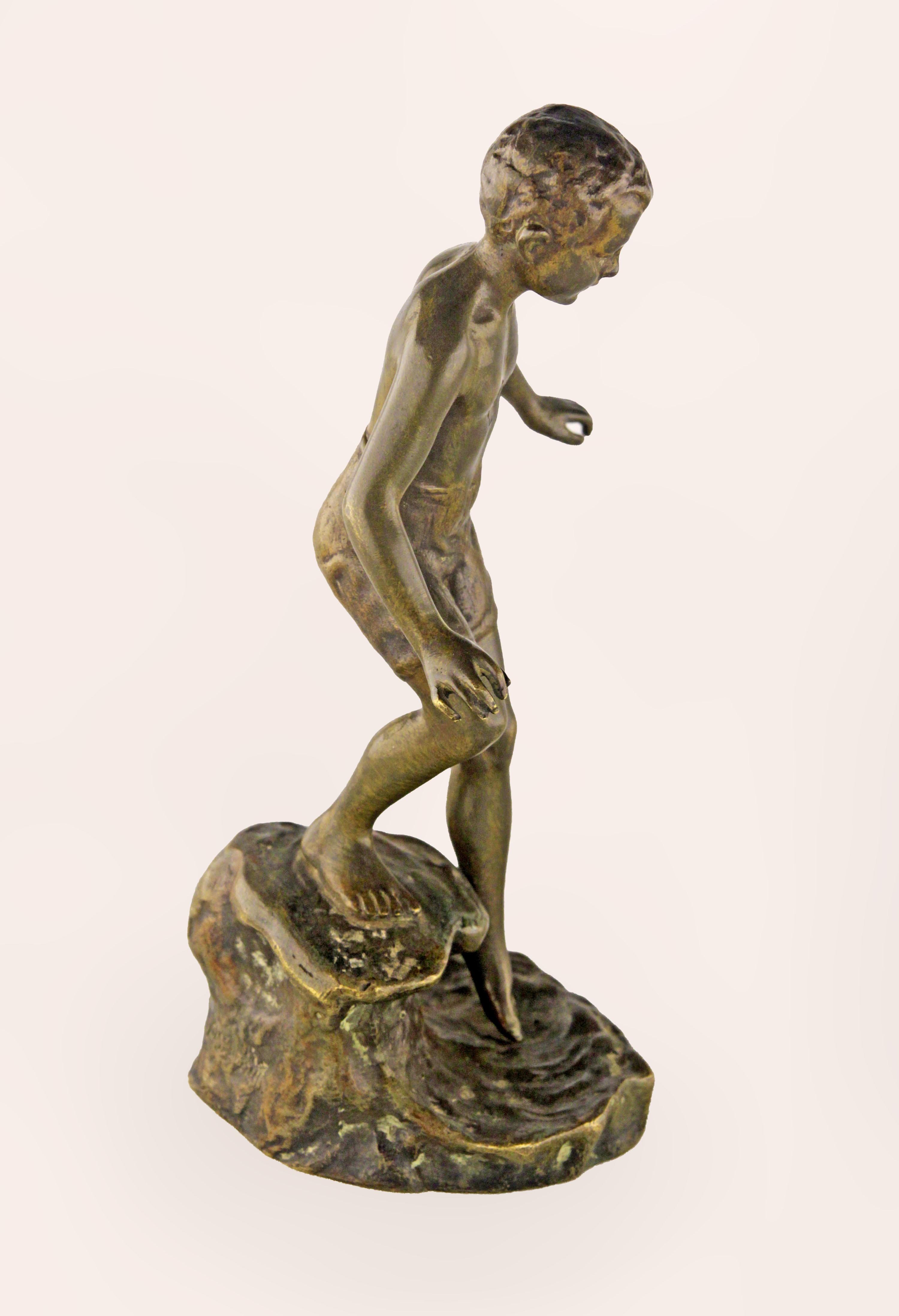 Belle Époque 19th Century Bronze Sculpture of a Boy Walking into Water by Ruffino Besserdich For Sale