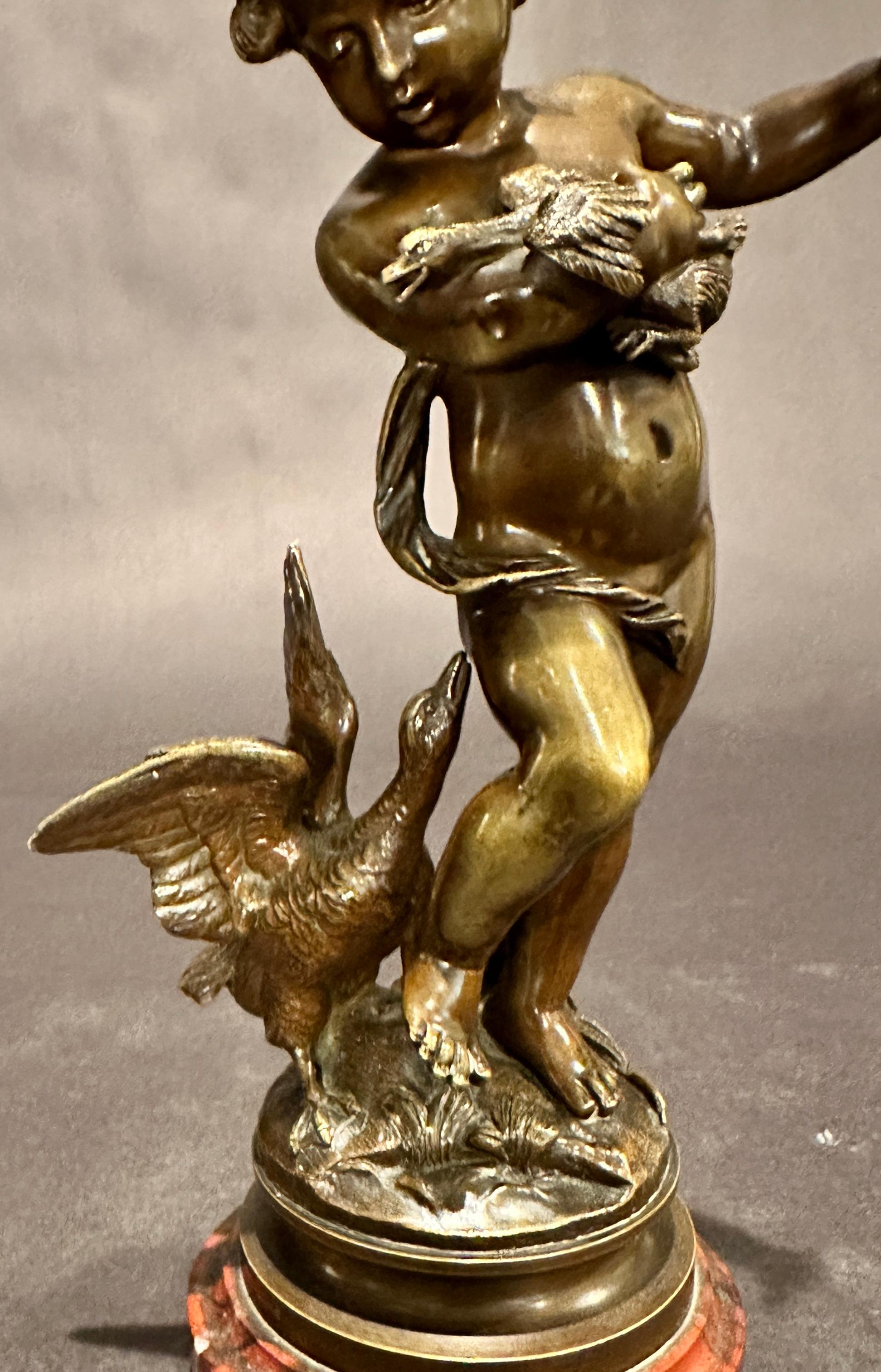 Belle Époque 19th Century Bronze Sculpture Of A Boy With Geese By Auguste Moreau For Sale