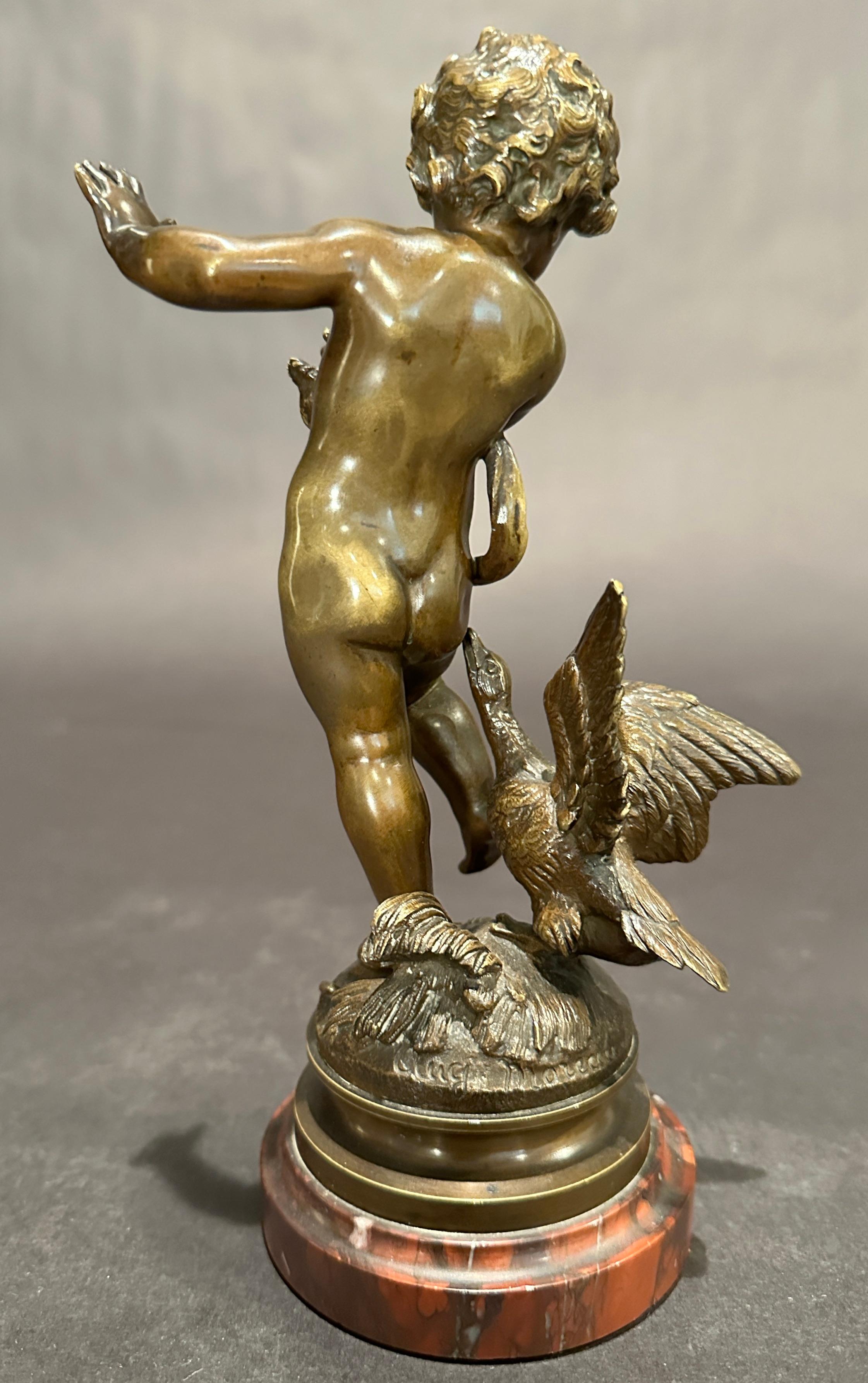 French 19th Century Bronze Sculpture Of A Boy With Geese By Auguste Moreau For Sale