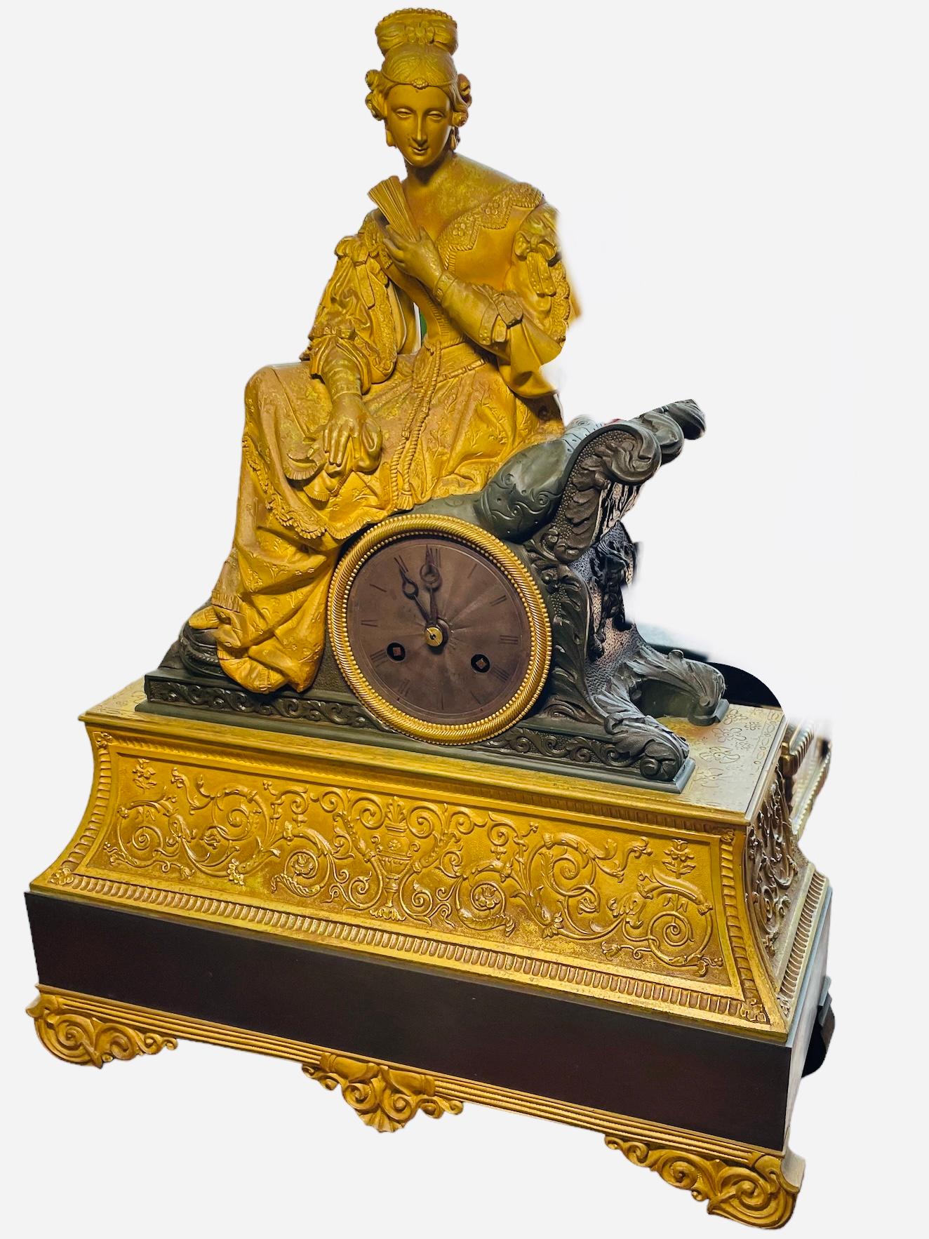 19th Century Bronze Sculpture Of A Lady Mantel Clock In Good Condition For Sale In Guaynabo, PR