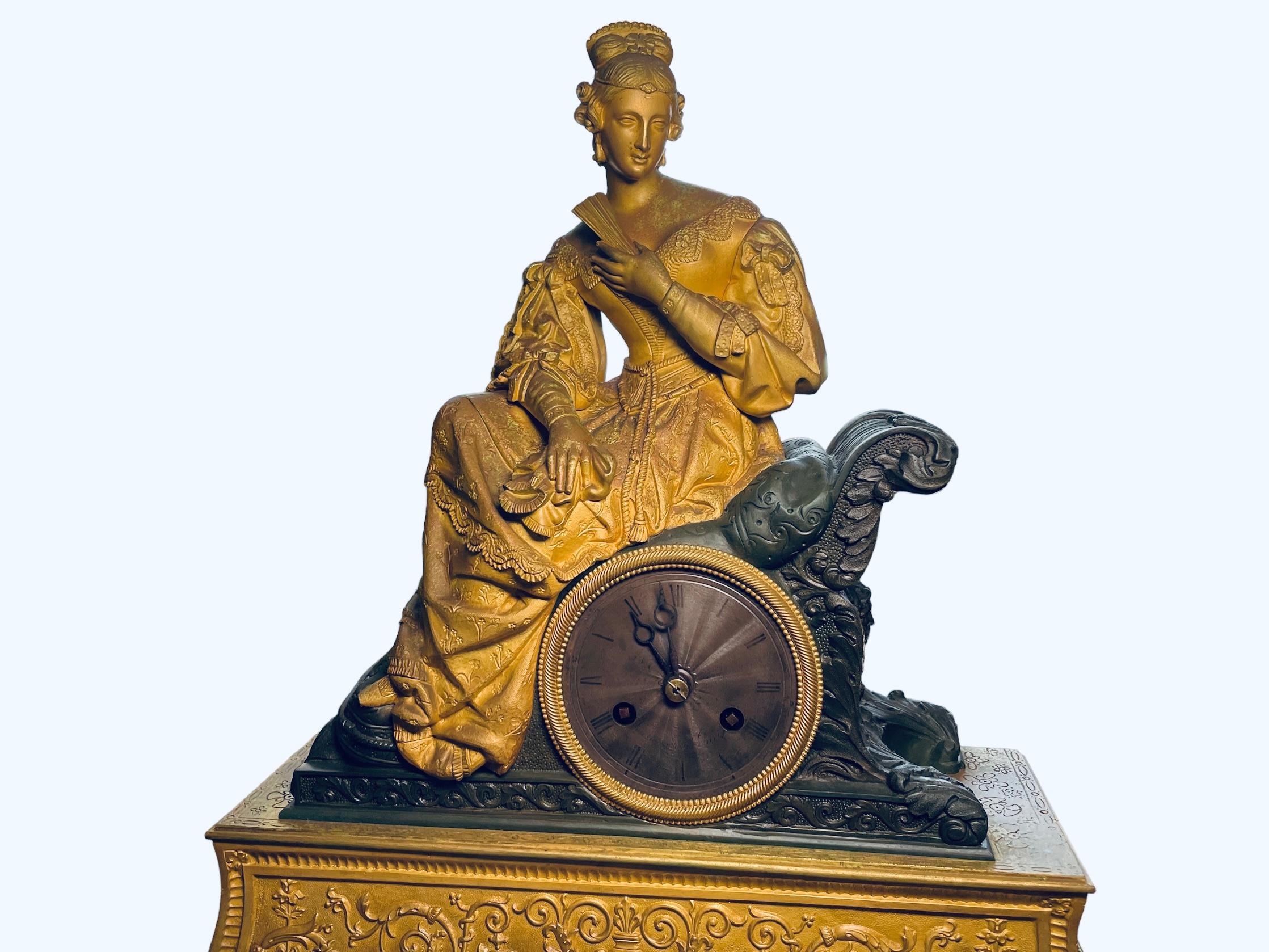 19th Century Bronze Sculpture Of A Lady Mantel Clock For Sale 1
