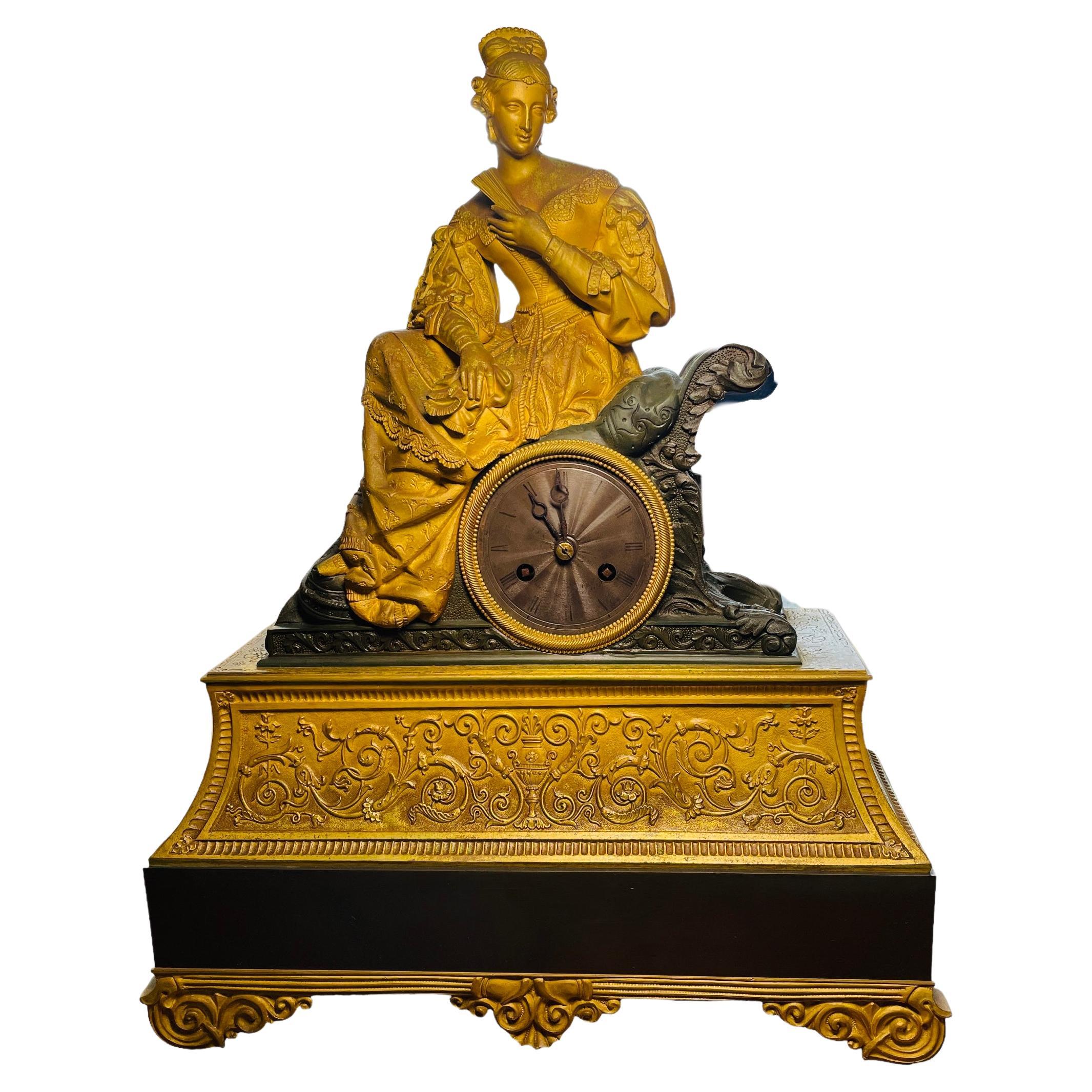 19th Century Bronze Sculpture Of A Lady Mantel Clock For Sale