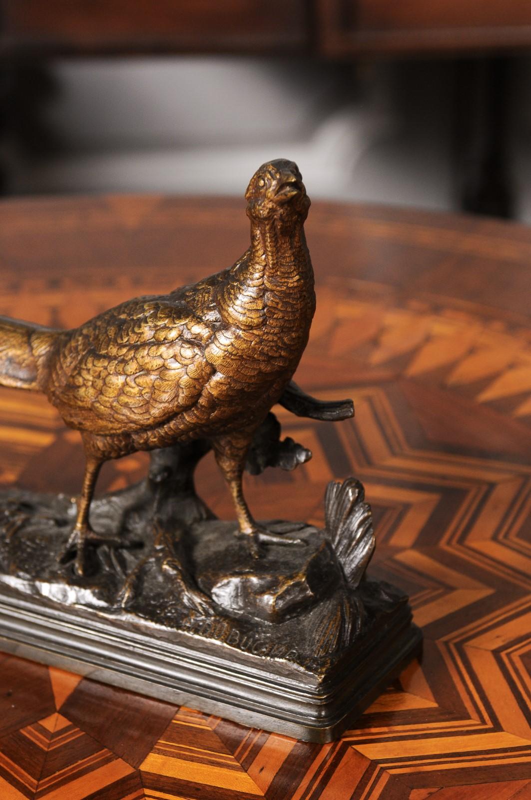 Patinated 19th Century Bronze Sculpture of a Pheasant on Foliage Base by Alfred Dubucand