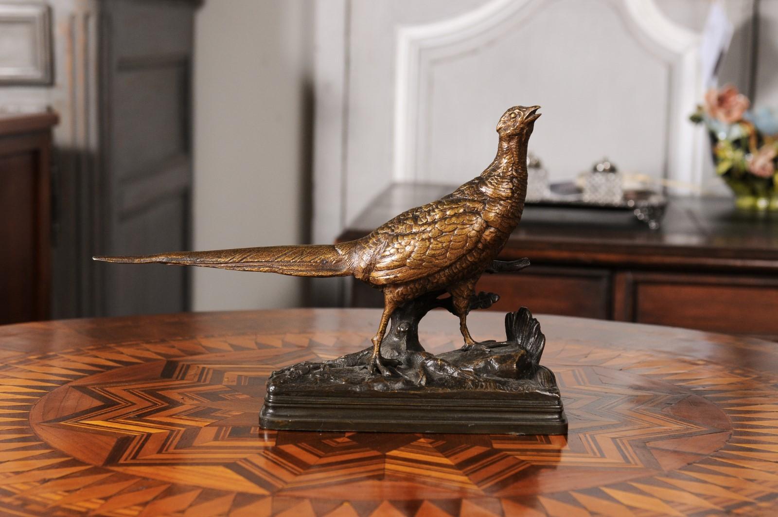 19th Century Bronze Sculpture of a Pheasant on Foliage Base by Alfred Dubucand For Sale 1
