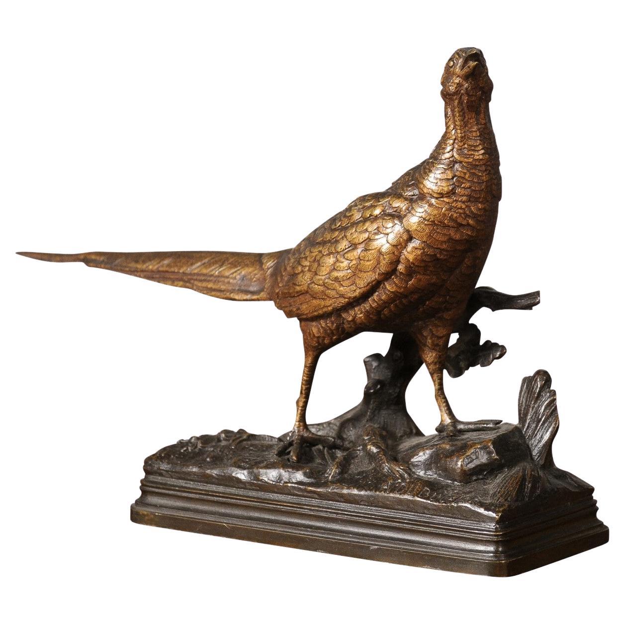 19th Century Bronze Sculpture of a Pheasant on Foliage Base by Alfred Dubucand For Sale
