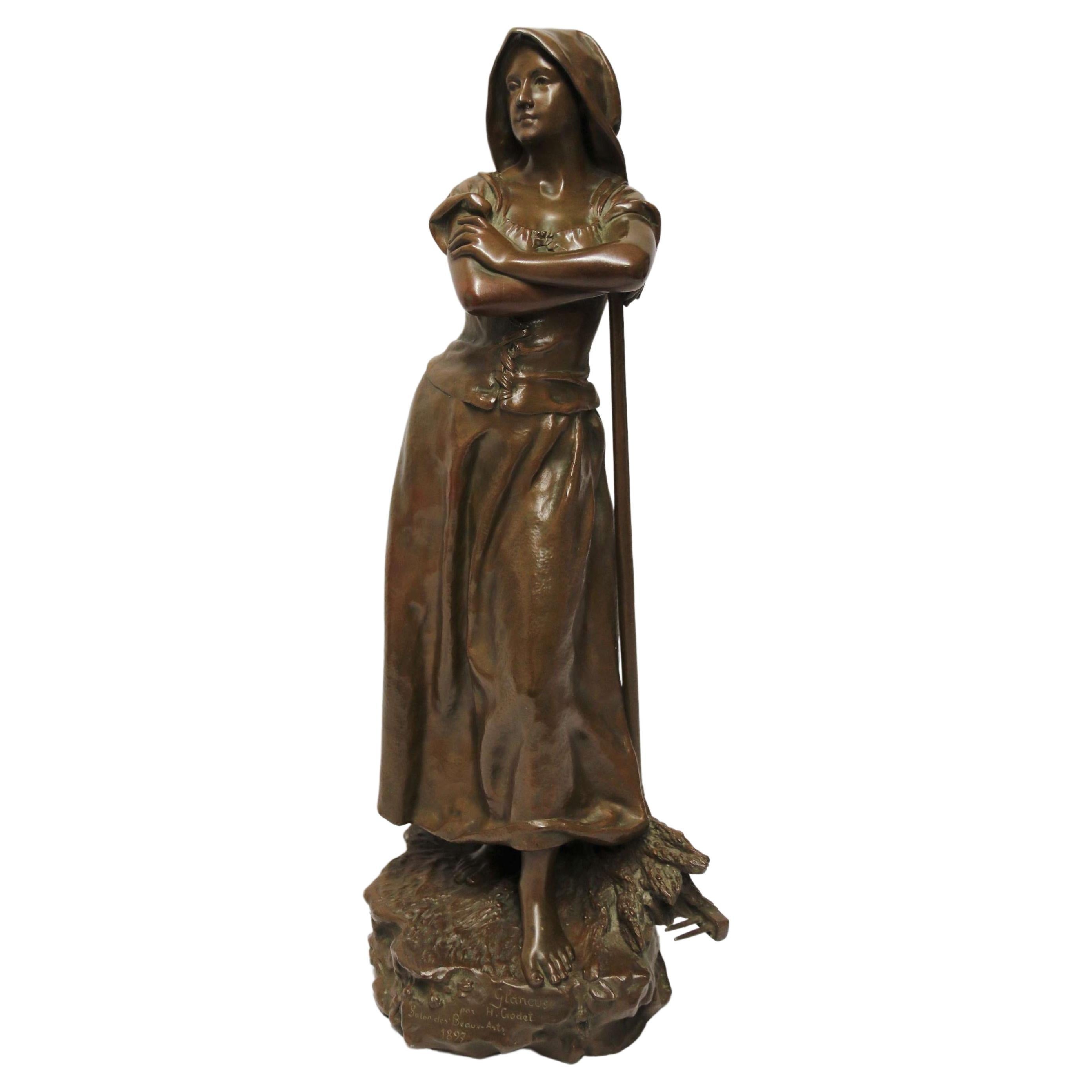 Sculpture en bronze du 19e siècle représentant une jeune femme se réunissant