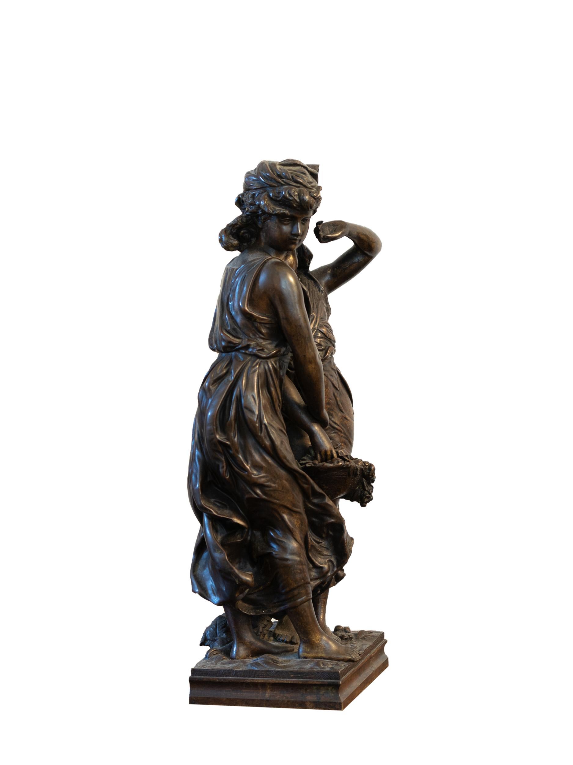 A spelter statue of Demeter and Persephone embracing it other with their tunics flowing in the wind. Signature “H Moreau” signed and foundry seal title statue “Protection” circa 1880.  
Hippolyte François Moreau (1832-1927) Title Protection /