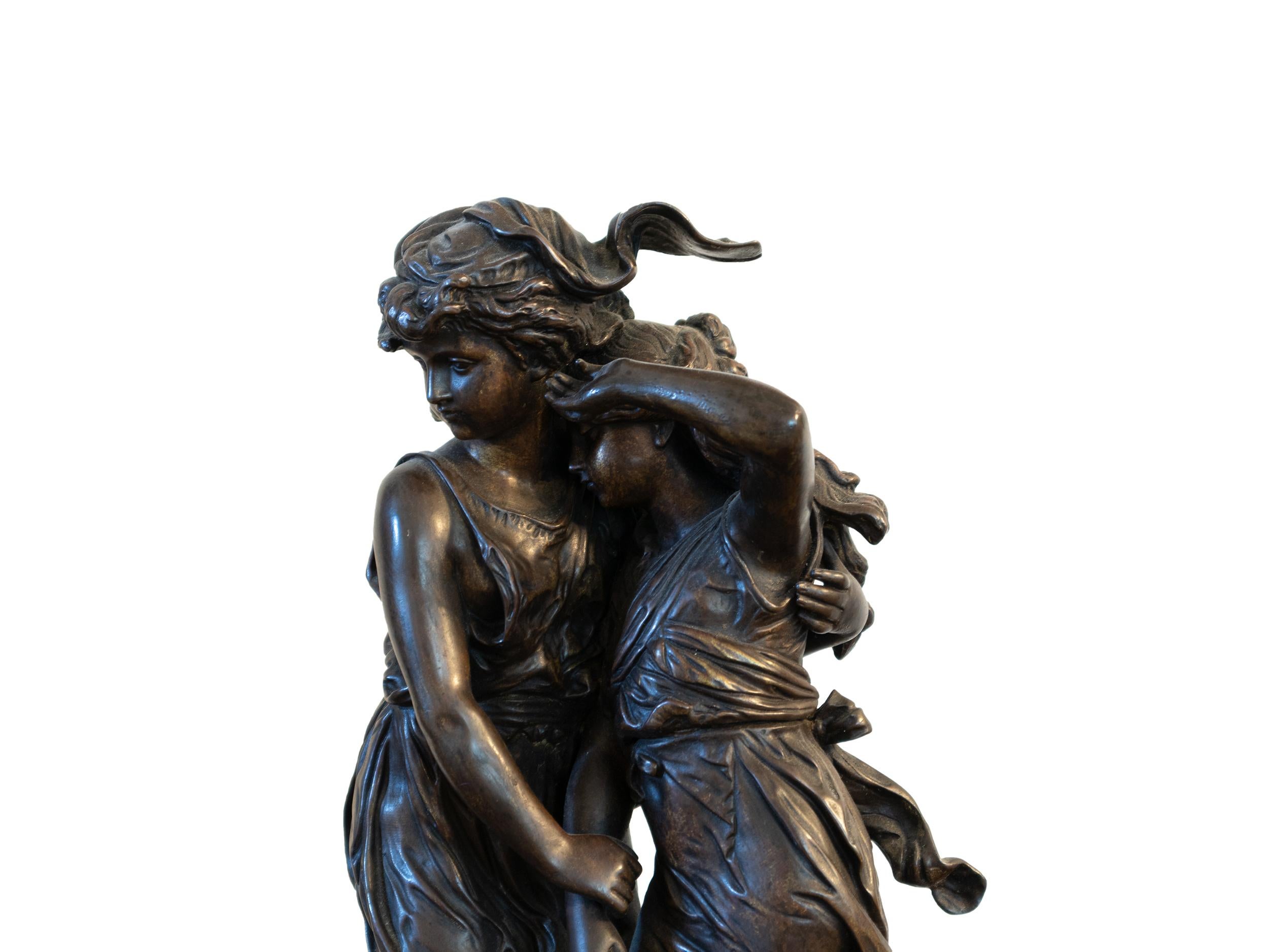 Patinated Spelter Sculpture of Demeter Persephone Embracing By François Moreau For Sale