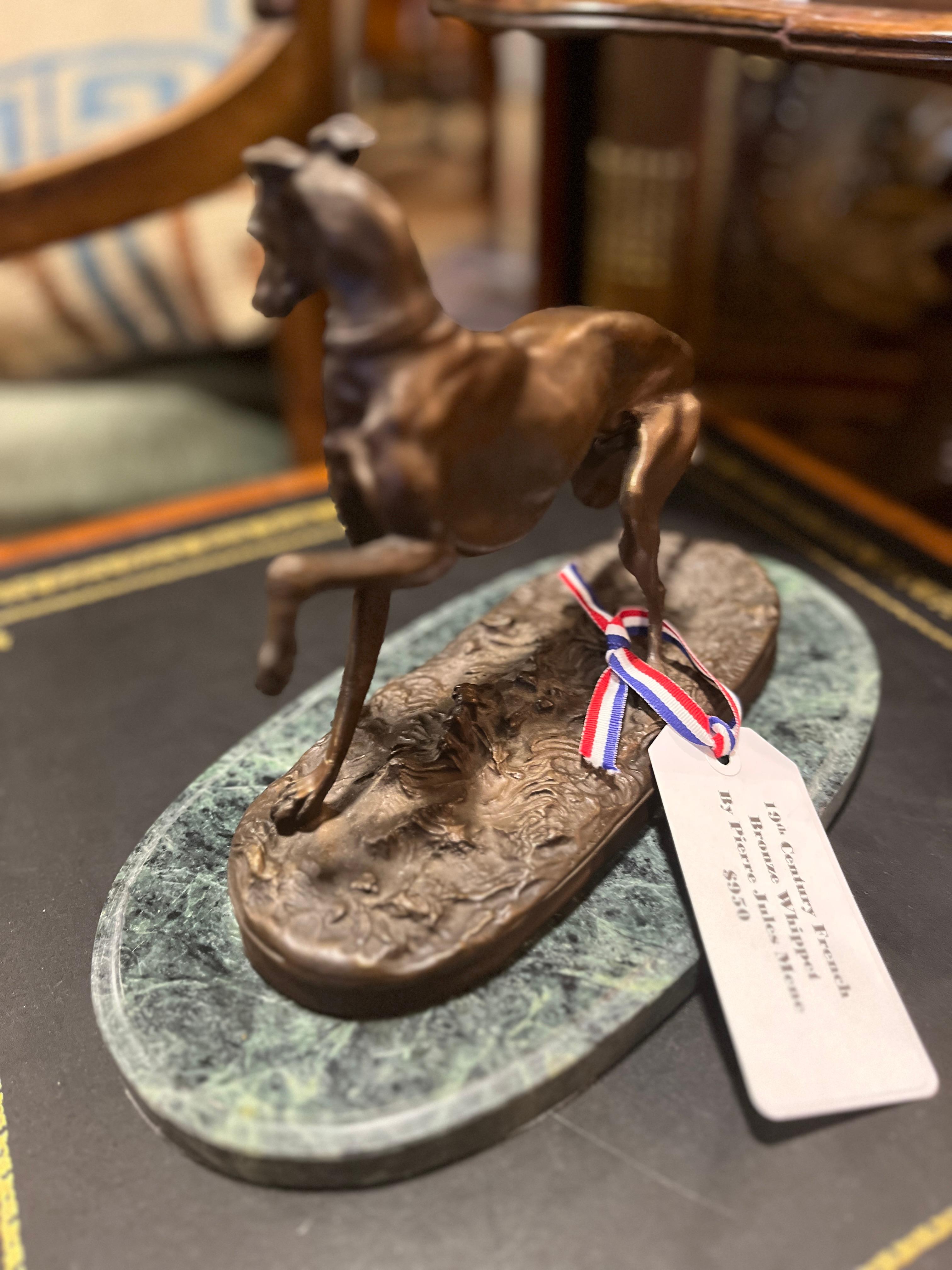 19th Century bronze Sculpture of Whippet by Pierre Jules Mene on green marble base.  Beautiful piece and condition.