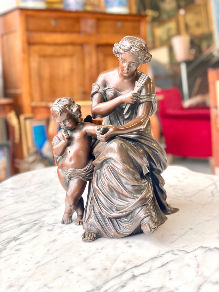 19th Century Bronze Sculpture, Signed Aizelin, Goddess with Cupid