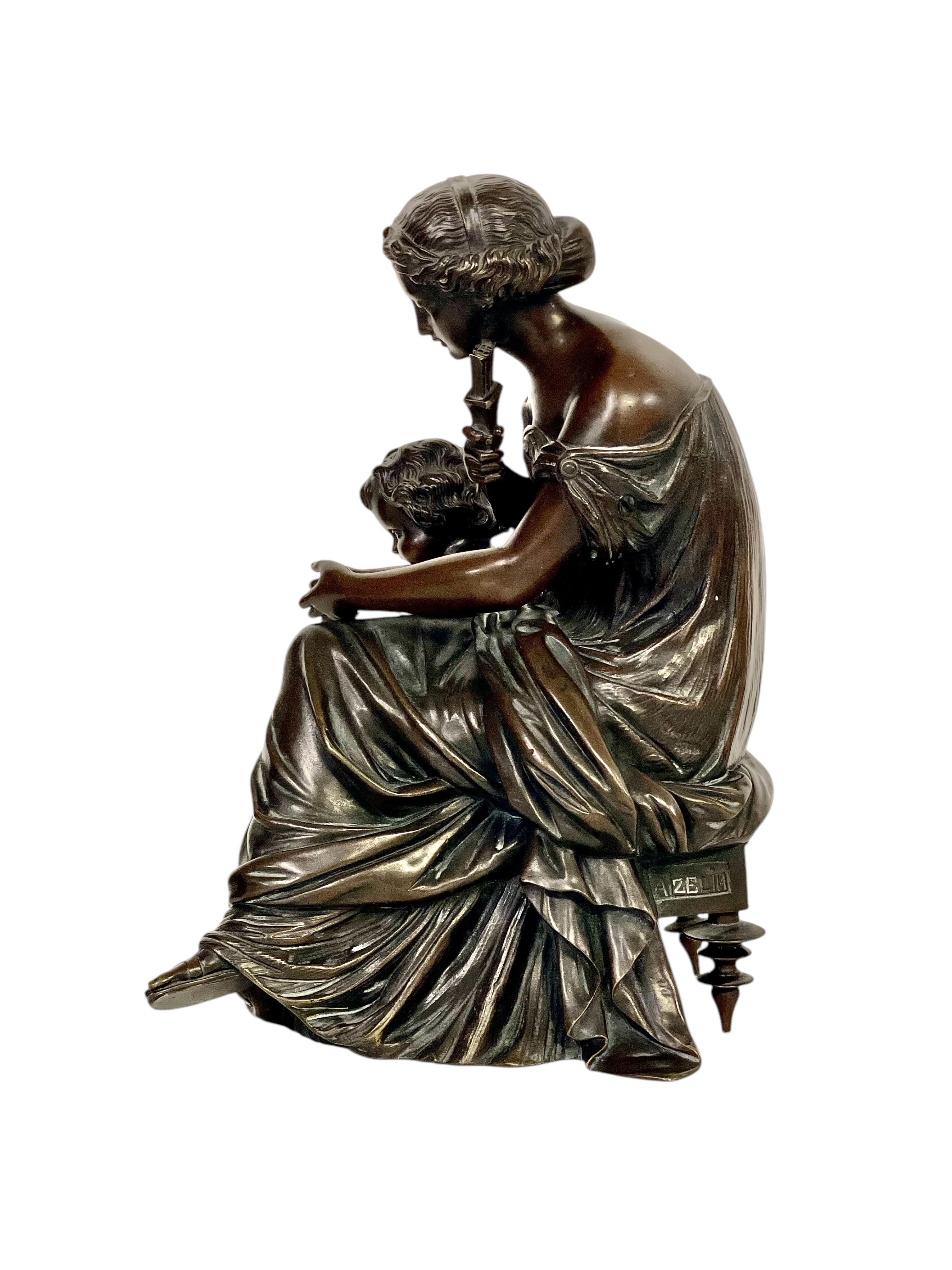 Escultura de bronce del siglo XIX, firmada Aizelin, Diosa con Cupido en Bueno estado para la venta en LA CIOTAT, FR