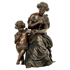Sculpture en bronze du 19ème siècle, signée Aizelin, déesse avec Cupidon