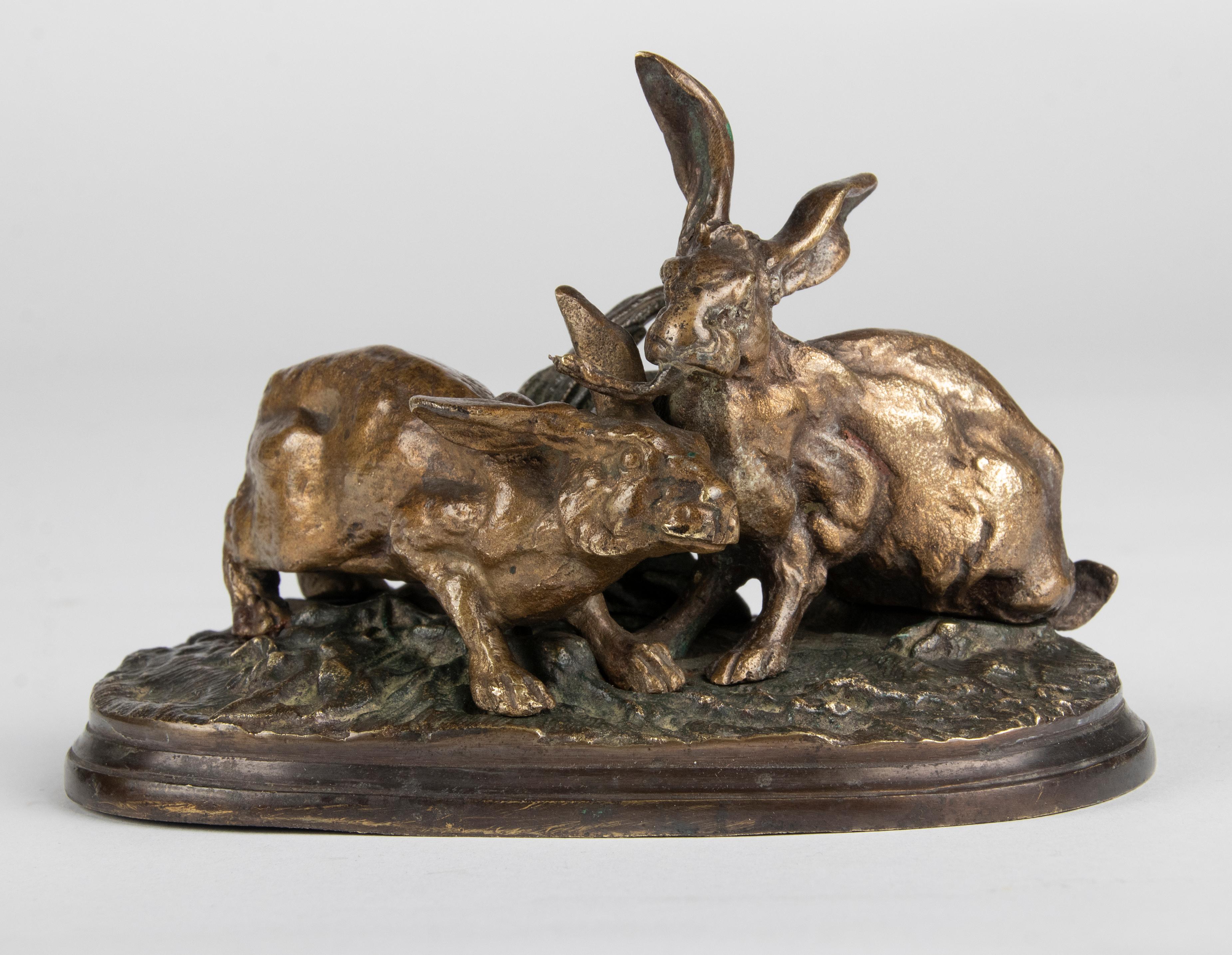 A refined small bronze sculpture with a group of hares. Accurate anatomical proportions. With the original patina. Signed on the base: PJ Mène.

Pierre-Jules Mêne (25 March 1810 – 20 May 1879) was a French sculptor and animalier. He is considered