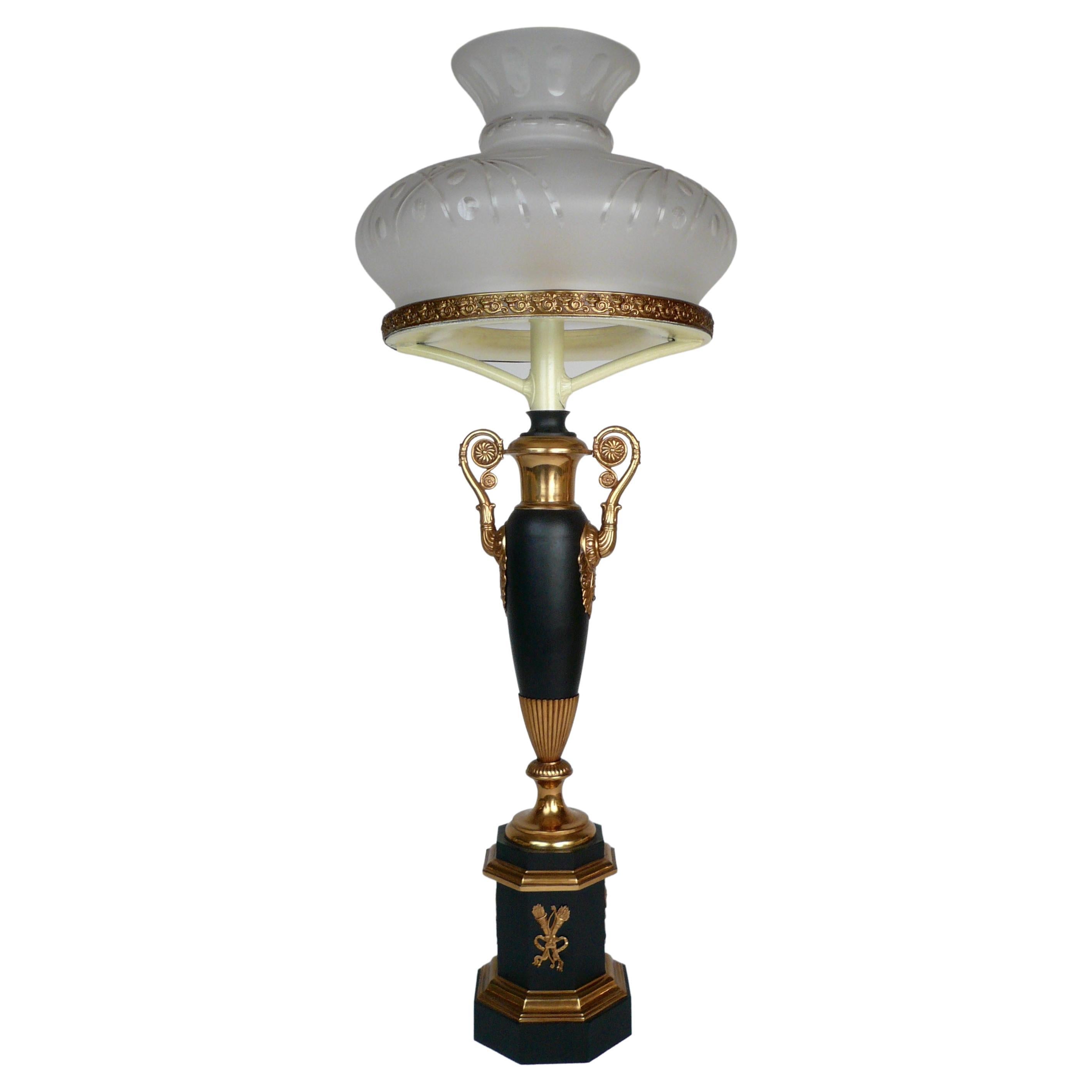 19th Century Bronze Sinumbra Oil Lamp with Cut Glass Shade