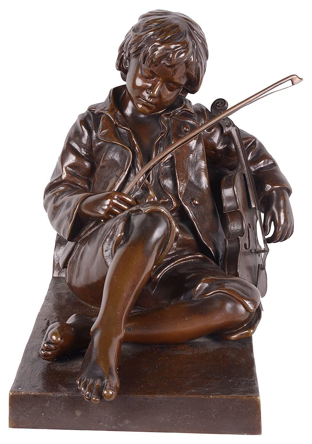 French 19th Century Bronze Statue of a Boy Violinist, Leon Tharel